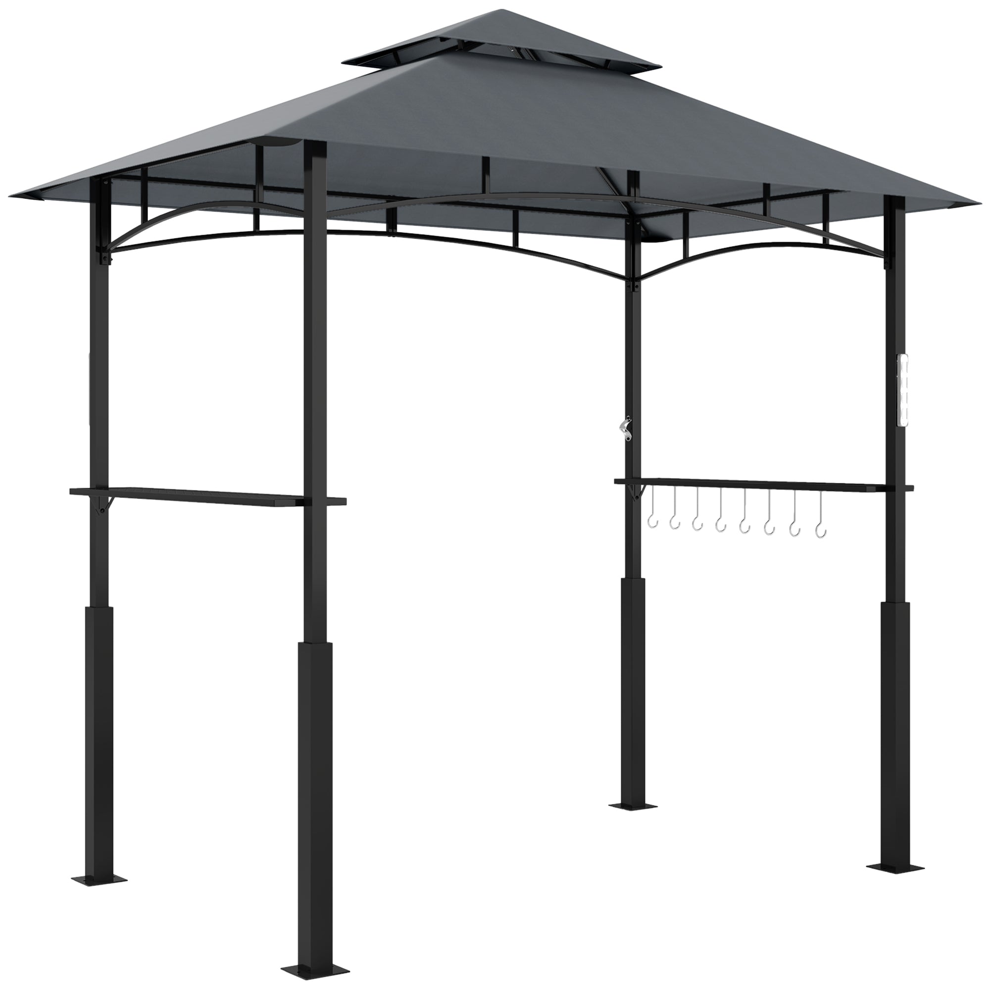 Outsunny 8' x 5' Grill Gazebo, Double Tiered Outdoor BBQ Gazebo Canopy with LED Light, 2 Side Shelves, Hooks and Bottle Opener for Patio, Garden, Backyard, Dark Grey