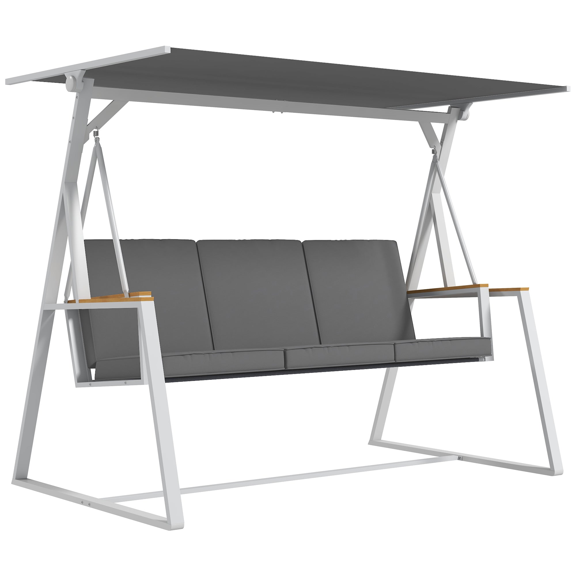 Outsunny 3-Seat Patio Swing Chair, Outdoor Porch Swing Glider with Adjustable Canopy, Removable Cushion, Steel Frame, Breathable Mesh Seat for Garden, Poolside, Grey