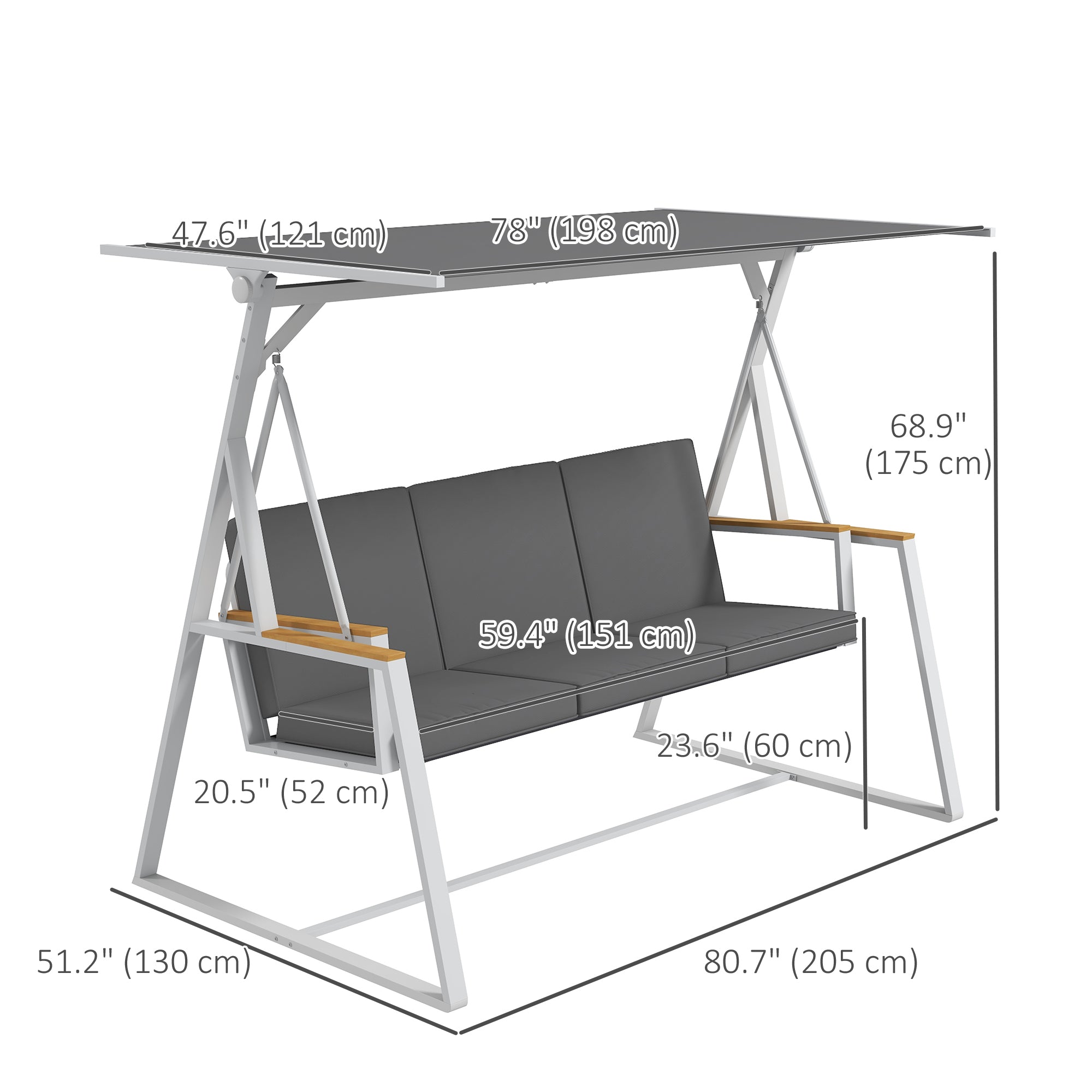 Outsunny 3-Seat Patio Swing Chair, Outdoor Porch Swing Glider with Adjustable Canopy, Removable Cushion, Steel Frame, Breathable Mesh Seat for Garden, Poolside, Grey