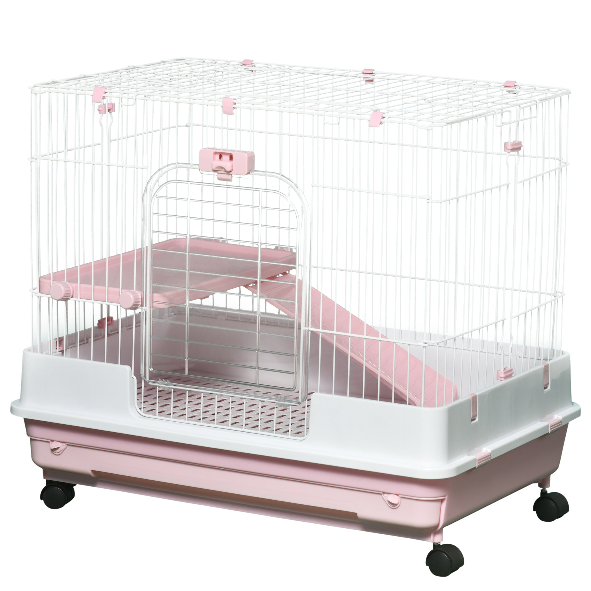 PawHut 27"H 2-Level Small Animal Cage Rabbit Hutch with Universal Lockable Wheels, Slide-out Tray for Bunny, Chinchillas, Ferret, Pink