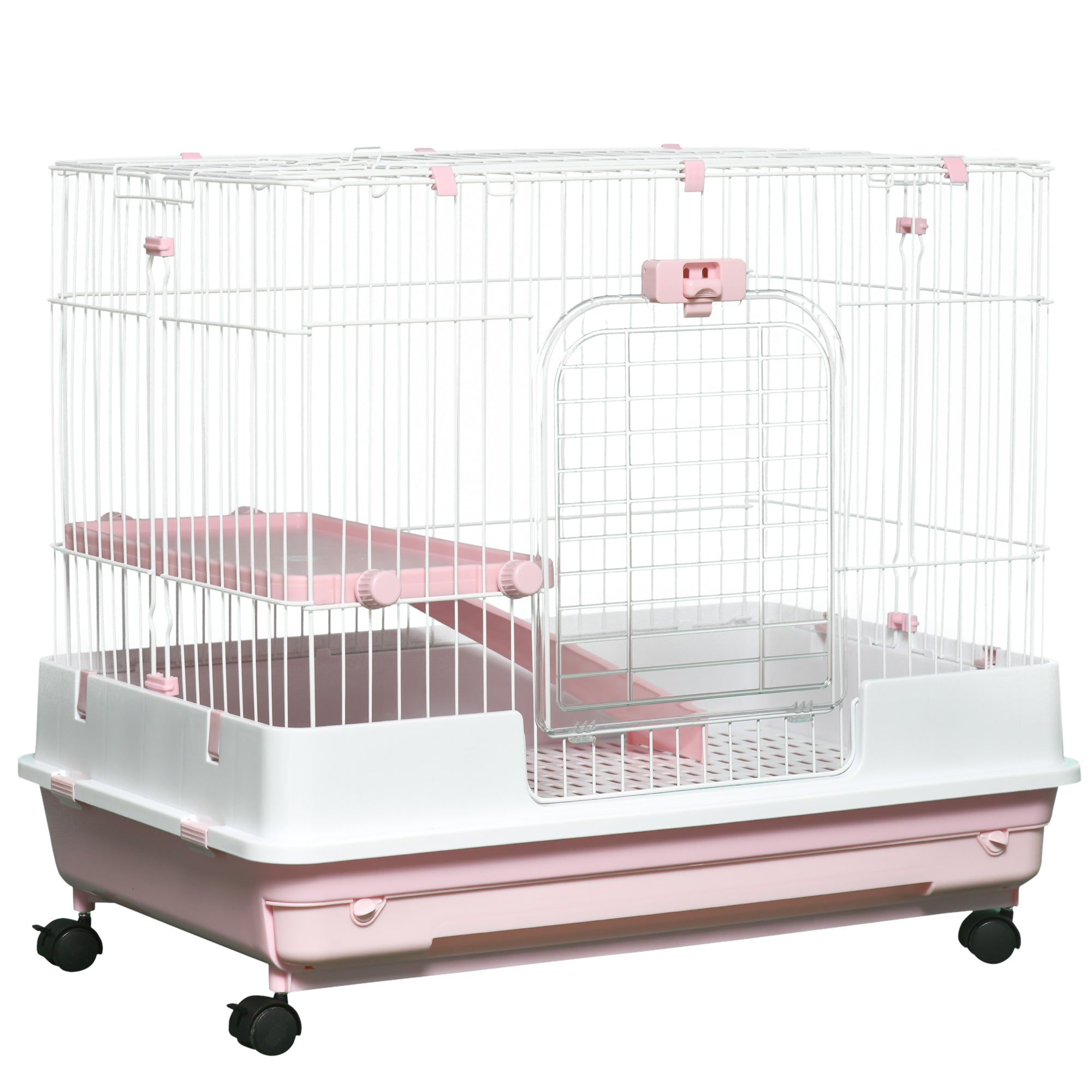 PawHut 27"H 2-Level Small Animal Cage Rabbit Hutch with Universal Lockable Wheels, Slide-out Tray for Bunny, Chinchillas, Ferret, Pink
