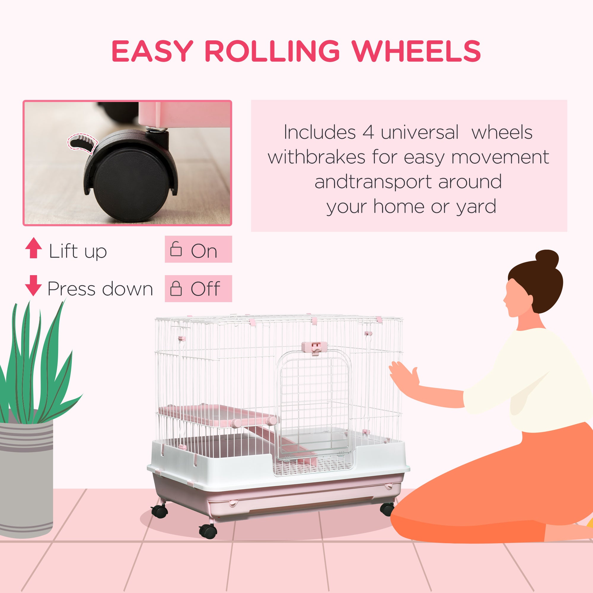 PawHut 27"H 2-Level Small Animal Cage Rabbit Hutch with Universal Lockable Wheels, Slide-out Tray for Bunny, Chinchillas, Ferret, Pink