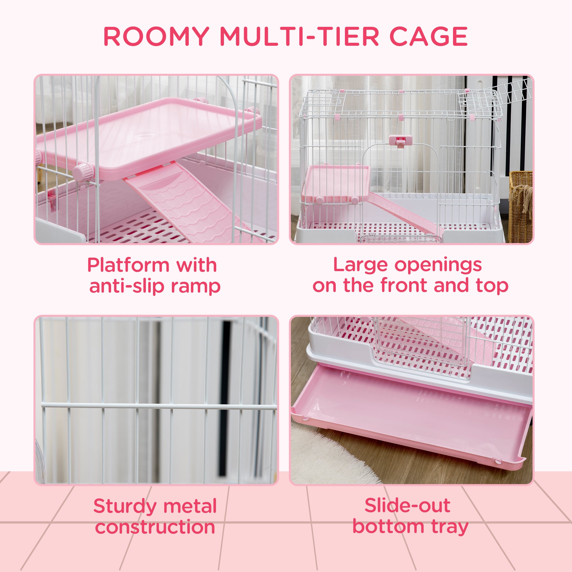 PawHut 27"H 2-Level Small Animal Cage Rabbit Hutch with Universal Lockable Wheels, Slide-out Tray for Bunny, Chinchillas, Ferret, Pink