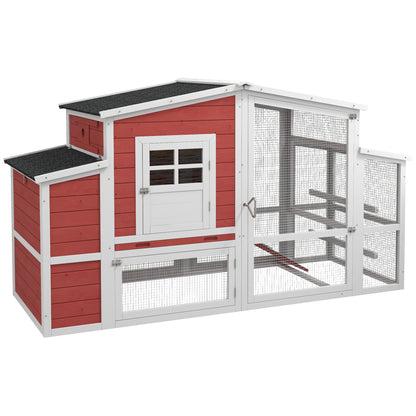 PawHut 79'' Chicken Coop Wooden Hen House Rabbit Hutch Poultry Cage Pen Outdoor Backyard with Nesting and Running Box, Ladder, Removable Tray, Multiple Doors (Red & White)