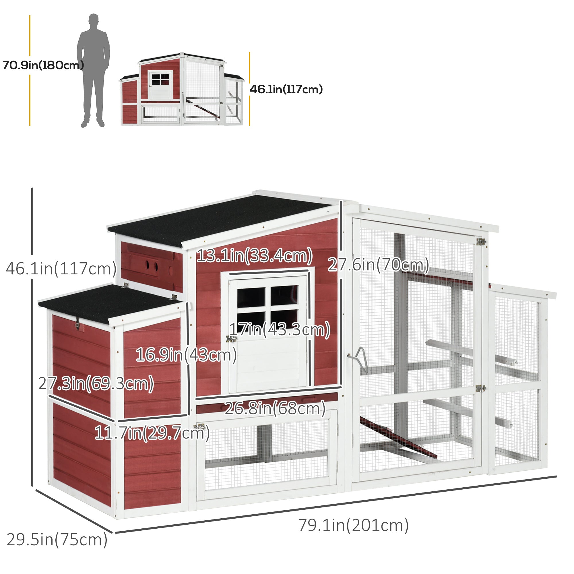 PawHut 79'' Chicken Coop Wooden Hen House Rabbit Hutch Poultry Cage Pen Outdoor Backyard with Nesting and Running Box, Ladder, Removable Tray, Multiple Doors (Red & White)