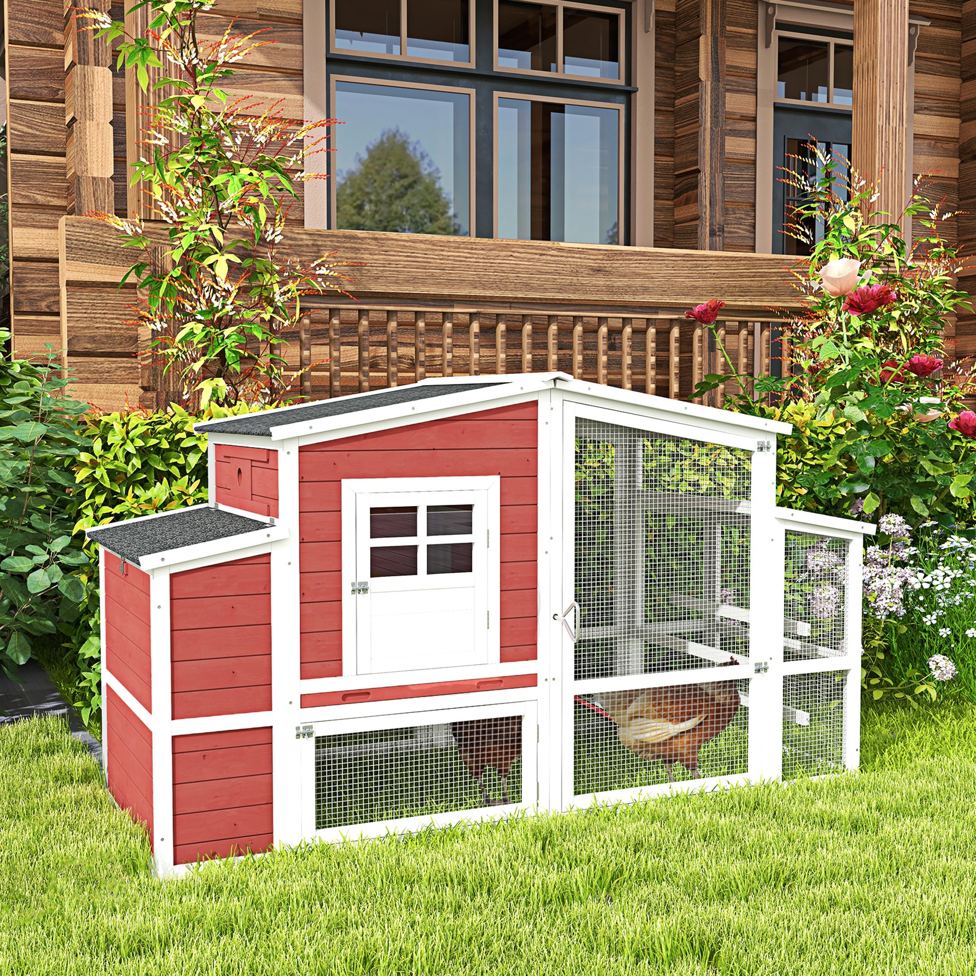 PawHut 79'' Chicken Coop Wooden Hen House Rabbit Hutch Poultry Cage Pen Outdoor Backyard with Nesting and Running Box, Ladder, Removable Tray, Multiple Doors (Red & White)
