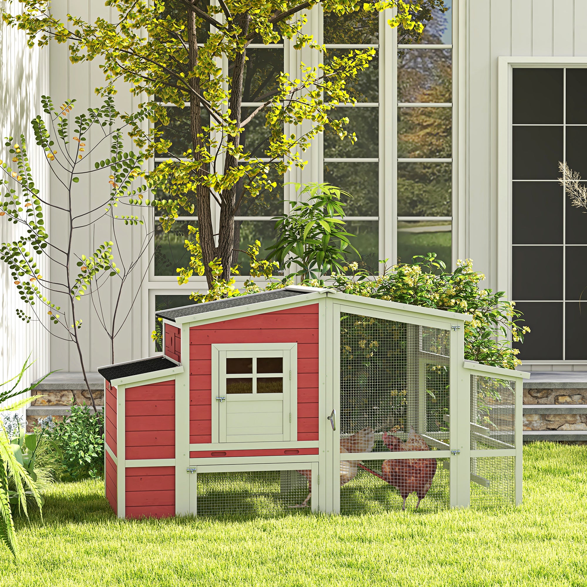 PawHut 79'' Chicken Coop Wooden Hen House Rabbit Hutch Poultry Cage Pen Outdoor Backyard with Nesting and Running Box, Ladder, Removable Tray, Multiple Doors (Red & White)