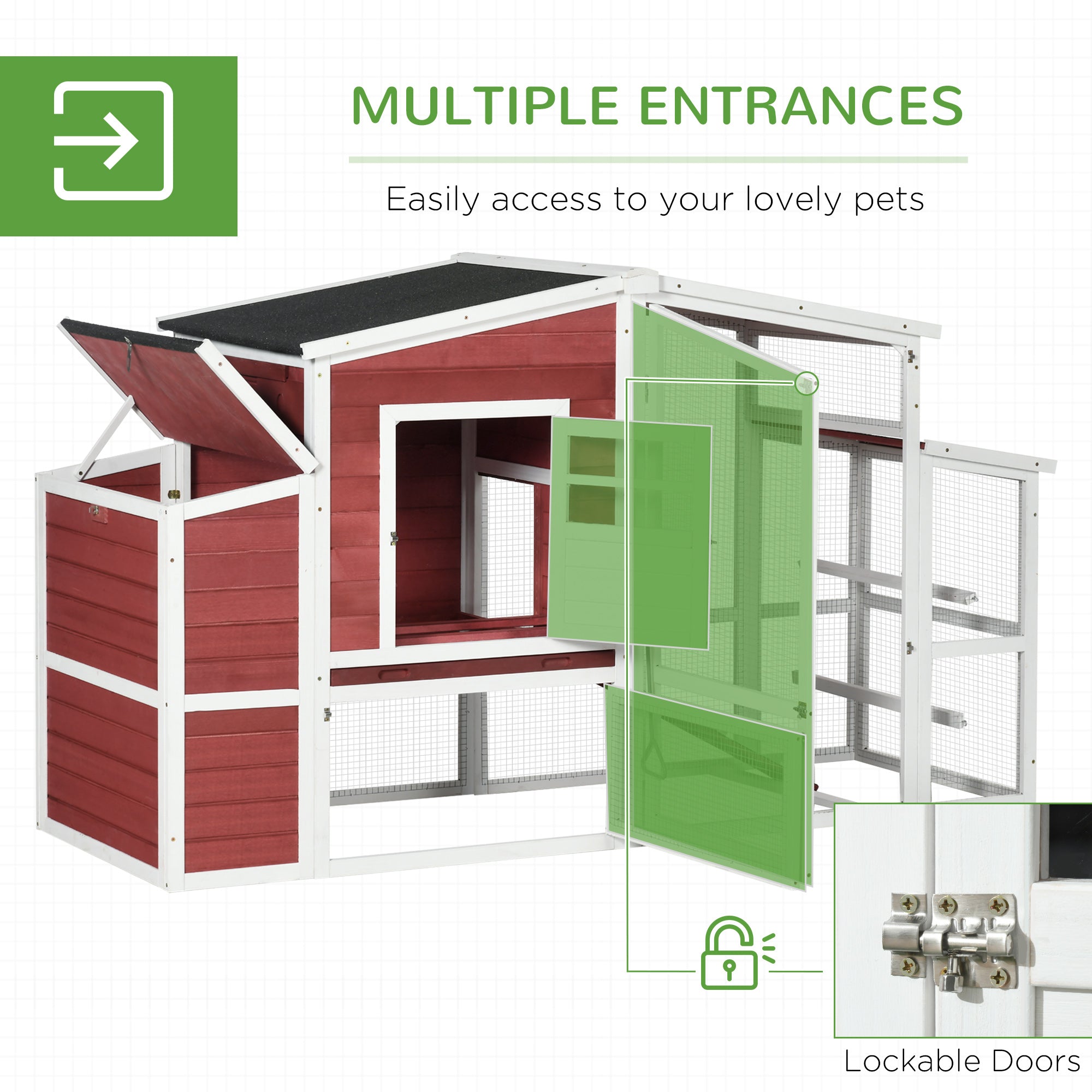 PawHut 79'' Chicken Coop Wooden Hen House Rabbit Hutch Poultry Cage Pen Outdoor Backyard with Nesting and Running Box, Ladder, Removable Tray, Multiple Doors (Red & White)