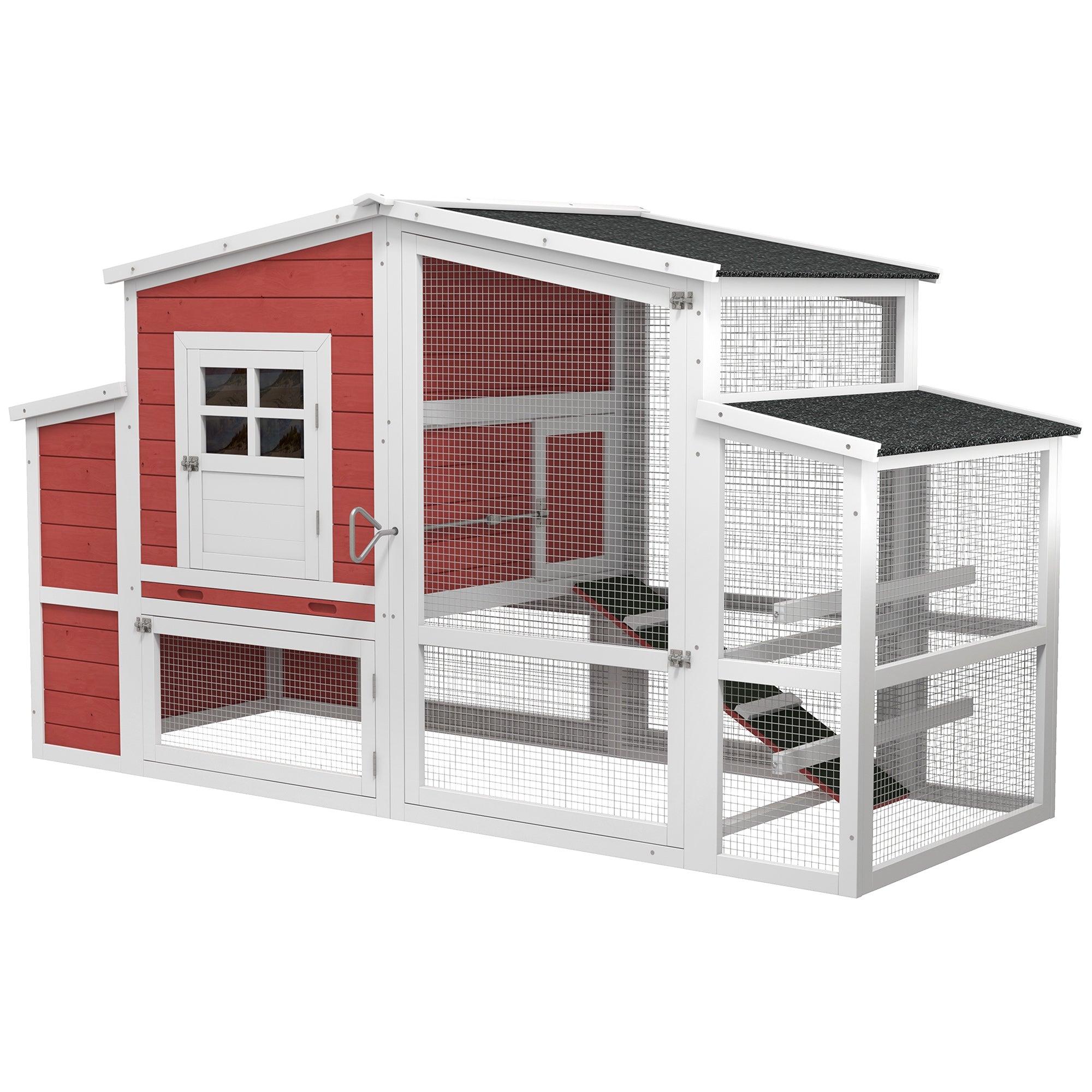 PawHut 79'' Chicken Coop Wooden Hen House Rabbit Hutch Poultry Cage Pen Outdoor Backyard with Nesting and Running Box, Ladder, Removable Tray, Multiple Doors (Red & White)