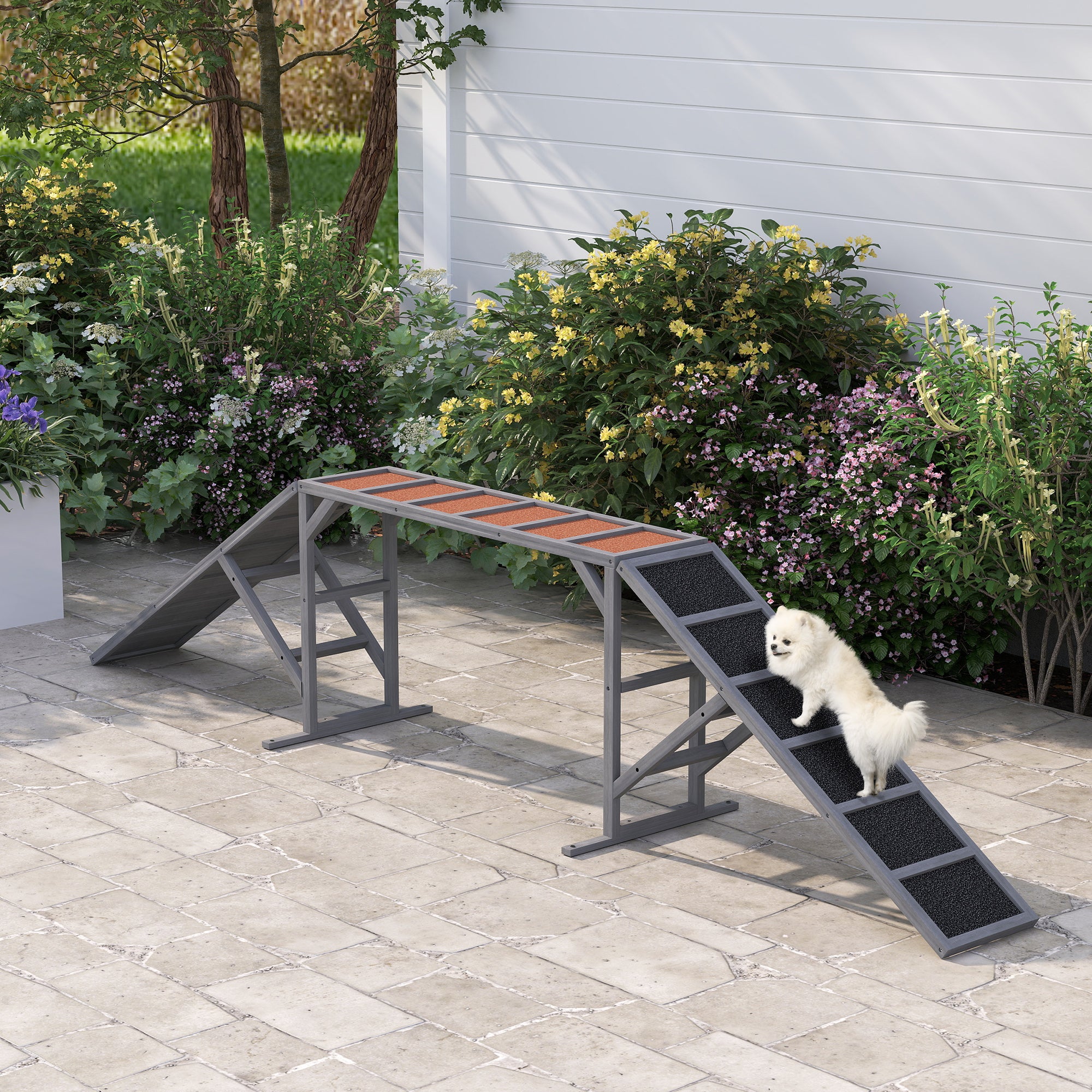 PawHut Dog Agility Equipment, Dog Playground Ramp with Safety Bar, Non-slip Surface, Dog Obstacle Course for Park, Backyard, Walk and Pause Training, Gray