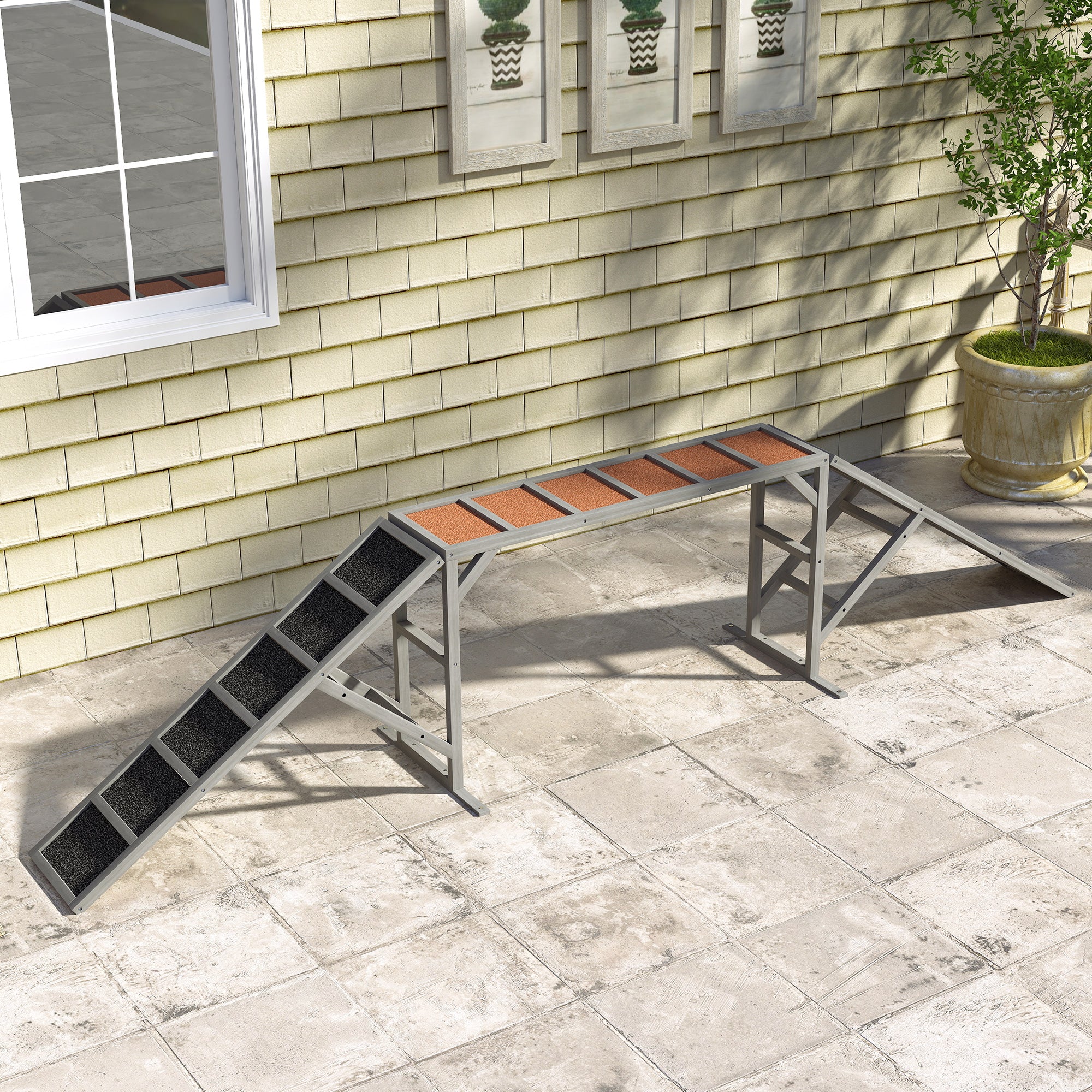 PawHut Dog Agility Equipment, Dog Playground Ramp with Safety Bar, Non-slip Surface, Dog Obstacle Course for Park, Backyard, Walk and Pause Training, Gray