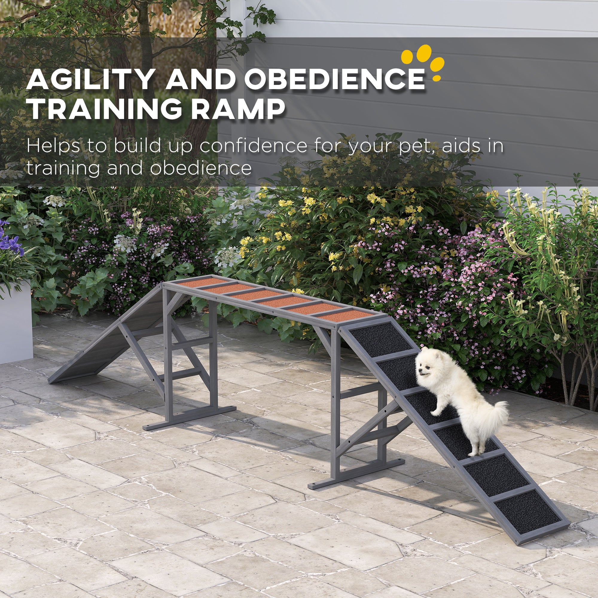 PawHut Dog Agility Equipment, Dog Playground Ramp with Safety Bar, Non-slip Surface, Dog Obstacle Course for Park, Backyard, Walk and Pause Training, Gray