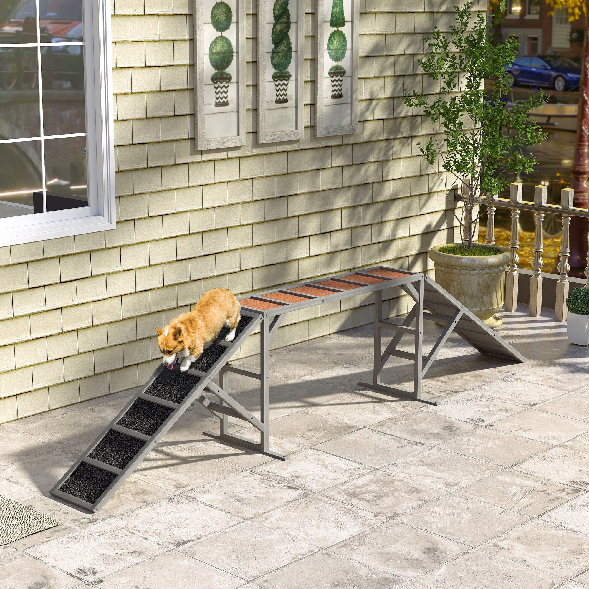 PawHut Dog Agility Equipment, Dog Playground Ramp with Safety Bar, Non-slip Surface, Dog Obstacle Course for Park, Backyard, Walk and Pause Training, Gray