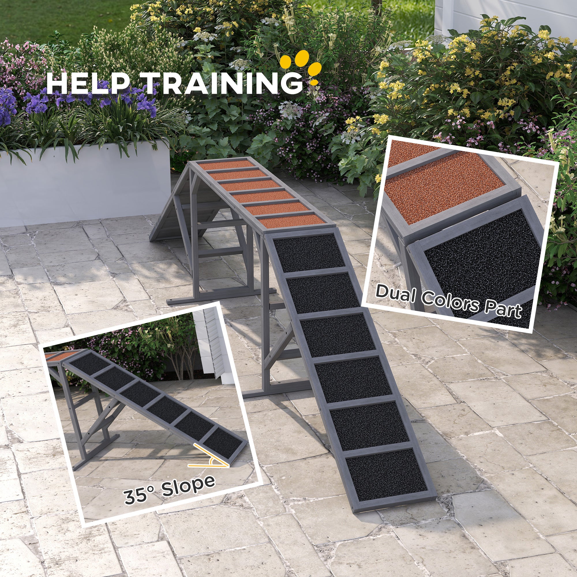 PawHut Dog Agility Equipment, Dog Playground Ramp with Safety Bar, Non-slip Surface, Dog Obstacle Course for Park, Backyard, Walk and Pause Training, Gray