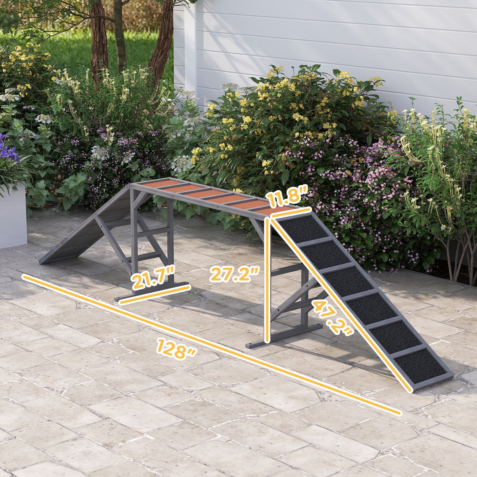 PawHut Dog Agility Equipment, Dog Playground Ramp with Safety Bar, Non-slip Surface, Dog Obstacle Course for Park, Backyard, Walk and Pause Training, Gray
