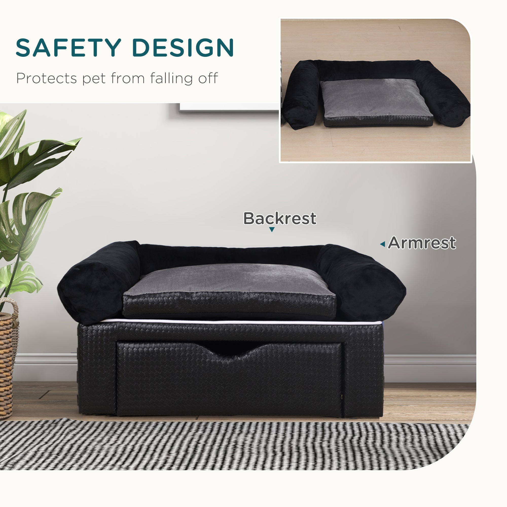 PawHut Dog Sofa Bed with Storage Drawer, Elevated Dog Couch for Small Dogs, with Soft Cushion, Removable and Washable Cover - Black