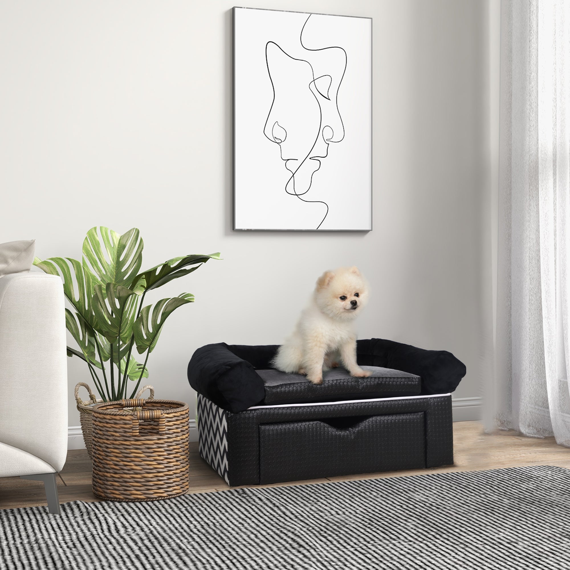 PawHut Dog Sofa Bed with Storage Drawer, Elevated Dog Couch for Small Dogs, with Soft Cushion, Removable and Washable Cover - Black