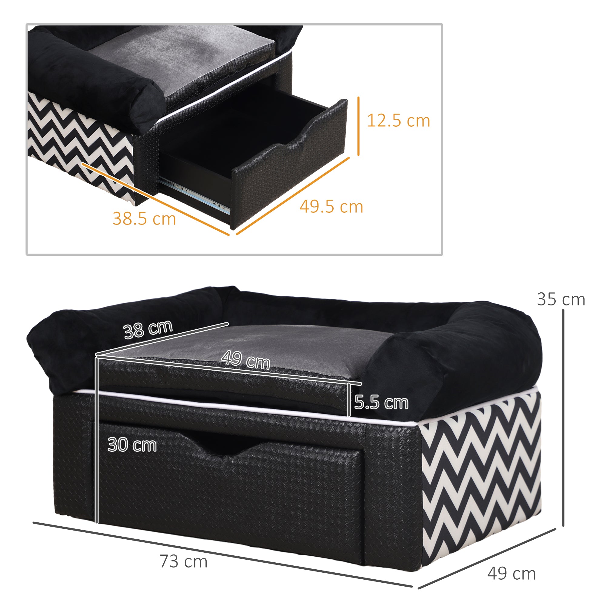 PawHut Dog Sofa Bed with Storage Drawer, Elevated Dog Couch for Small Dogs, with Soft Cushion, Removable and Washable Cover - Black