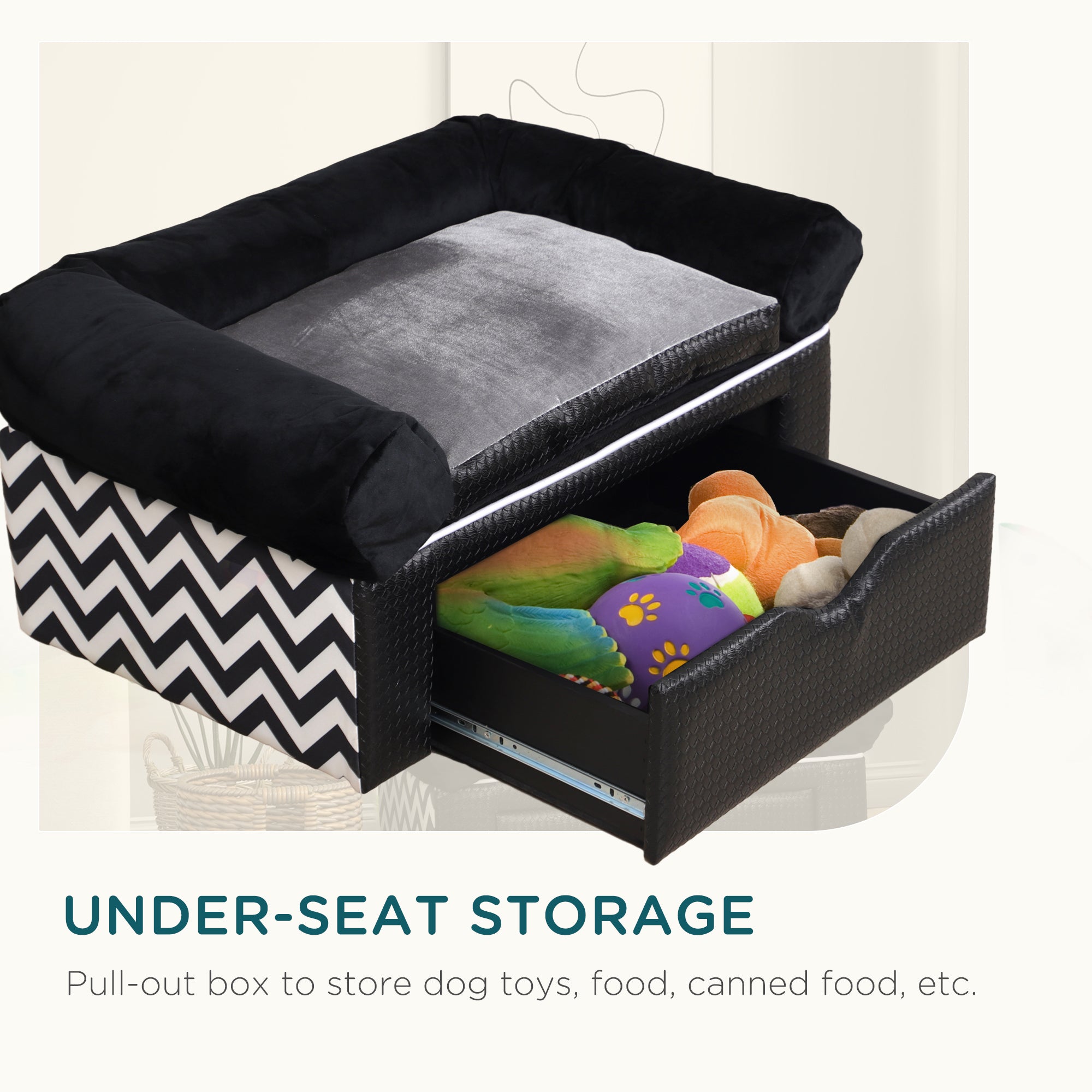 PawHut Dog Sofa Bed with Storage Drawer, Elevated Dog Couch for Small Dogs, with Soft Cushion, Removable and Washable Cover - Black