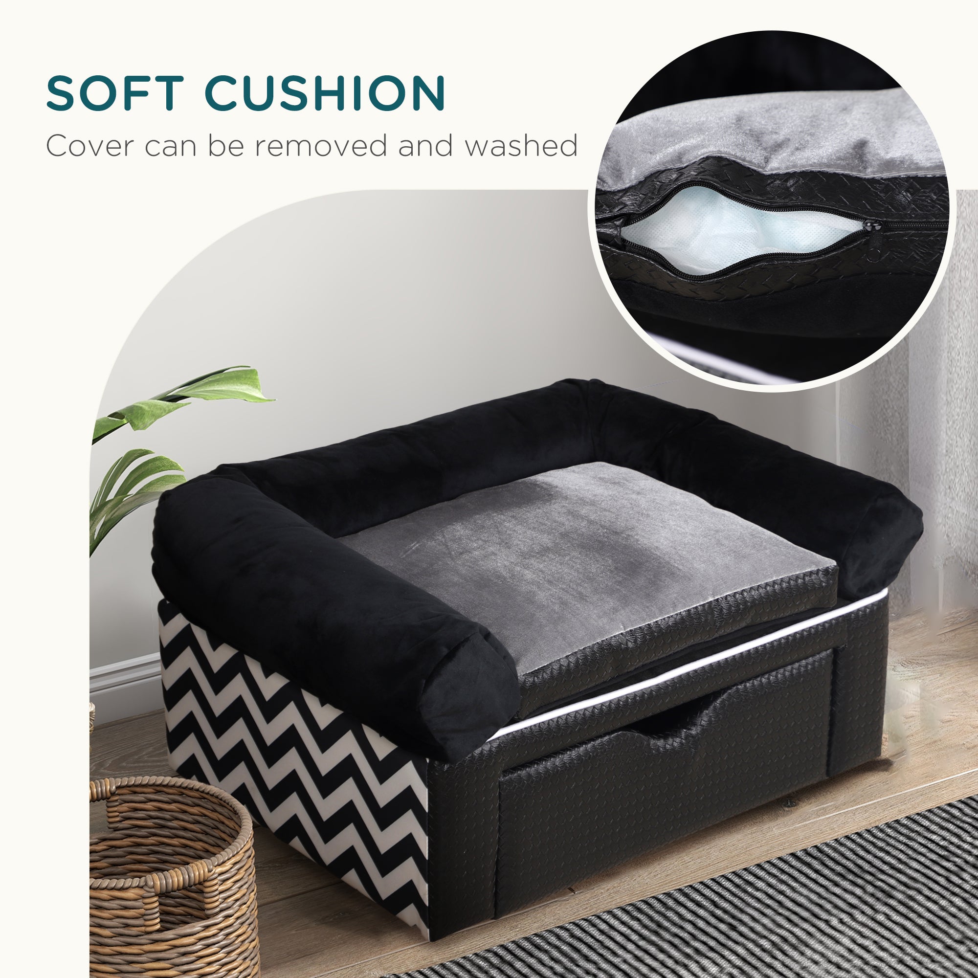 PawHut Dog Sofa Bed with Storage Drawer, Elevated Dog Couch for Small Dogs, with Soft Cushion, Removable and Washable Cover - Black