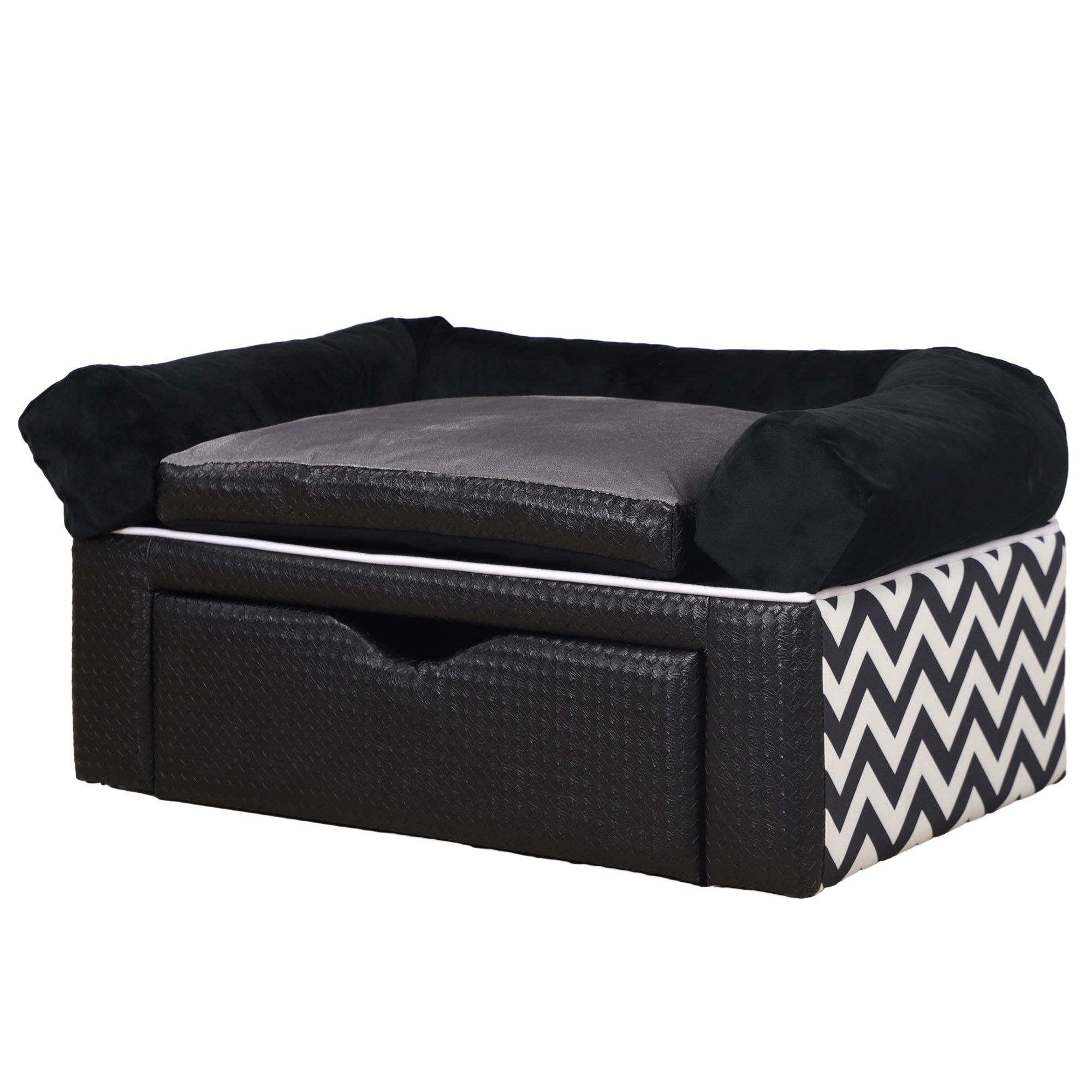 PawHut Dog Sofa Bed with Storage Drawer, Elevated Dog Couch for Small Dogs, with Soft Cushion, Removable and Washable Cover - Black