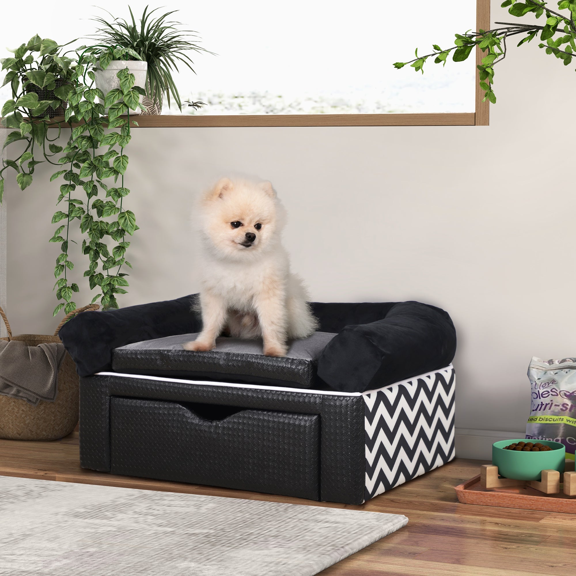 PawHut Dog Sofa Bed with Storage Drawer, Elevated Dog Couch for Small Dogs, with Soft Cushion, Removable and Washable Cover - Black