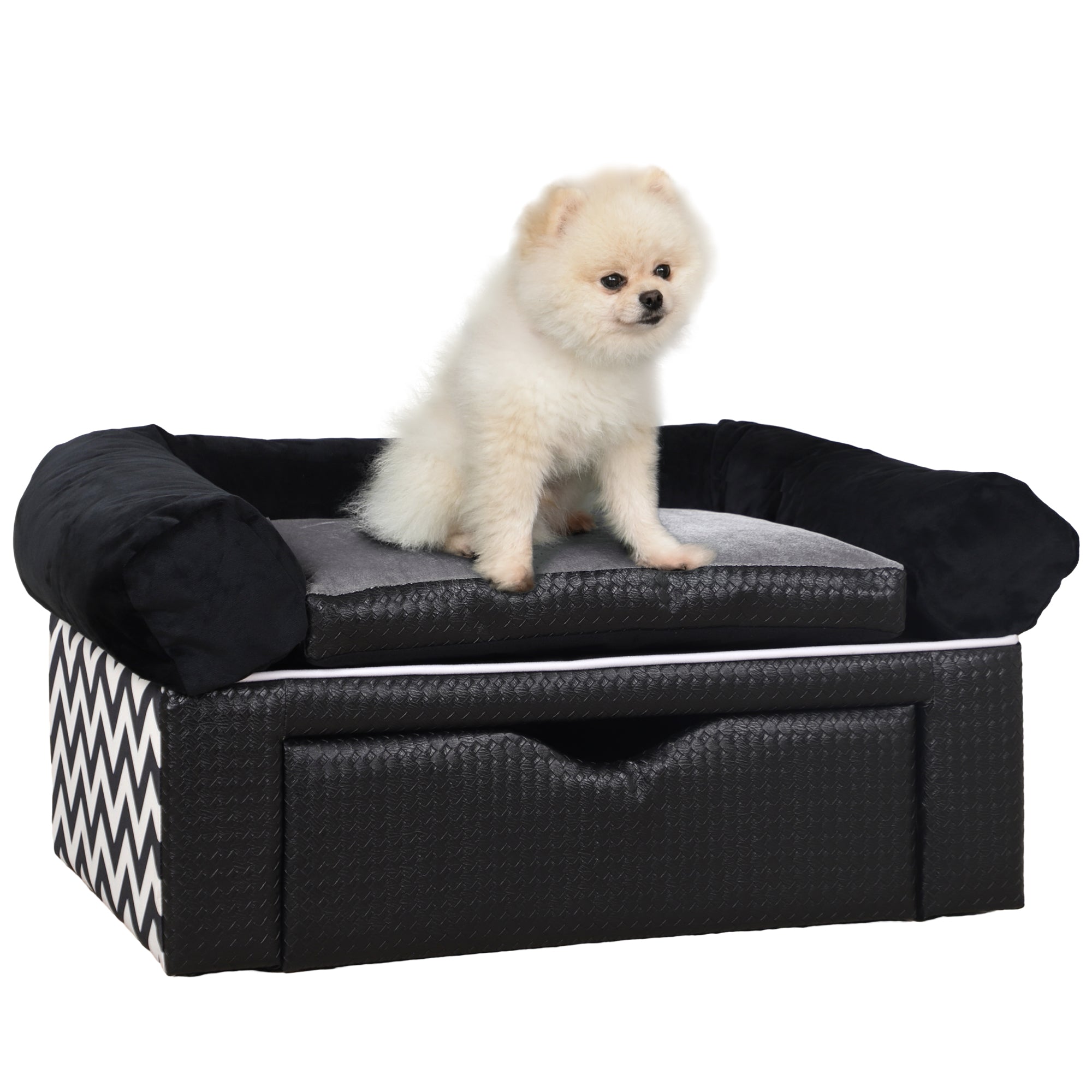 PawHut Dog Sofa Bed with Storage Drawer, Elevated Dog Couch for Small Dogs, with Soft Cushion, Removable and Washable Cover - Black