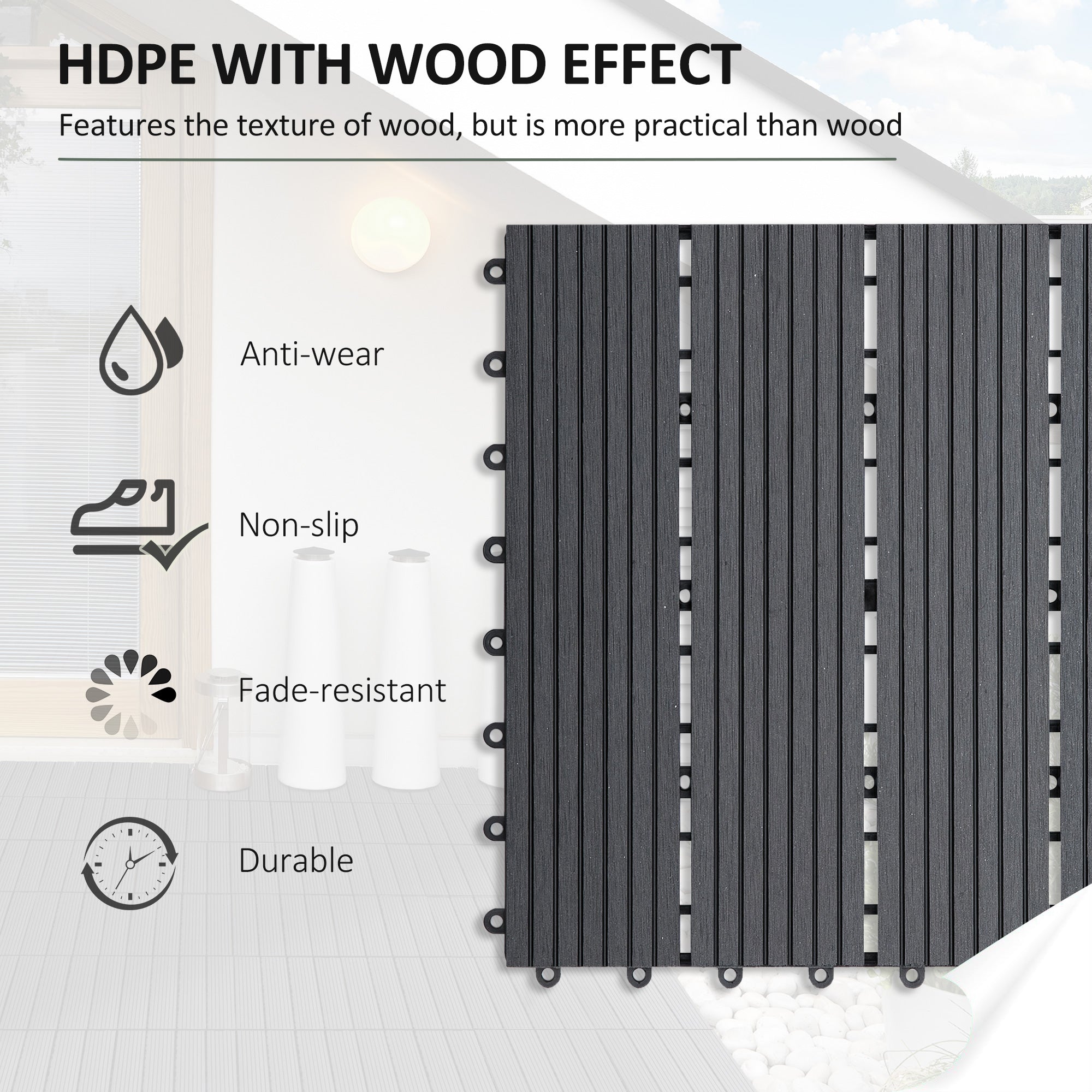 Outsunny 11 Pcs Plastic Interlocking Deck Tiles, 12" x 12" Non-slip Outdoor Flooring Tiles, 11 sq.ft. per Pack, All Weather for Indoor Outdoor Patio Balcony, Grey