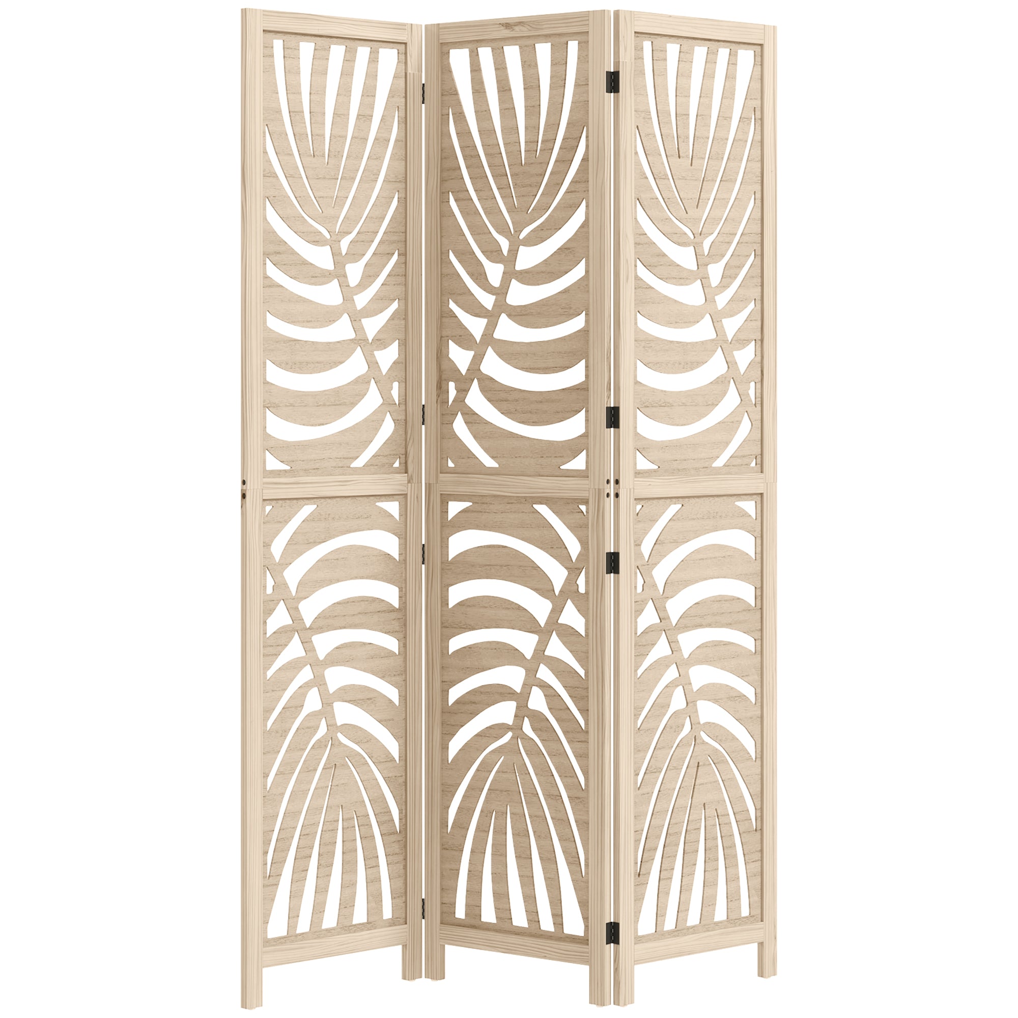 HOMCOM 3 Panel Room Divider, Detachable Portable Folding Privacy Screens, Freestanding Partition Wall Dividers with Palm Leaf Design for Home Office, Bedroom, Natural Wood Finish