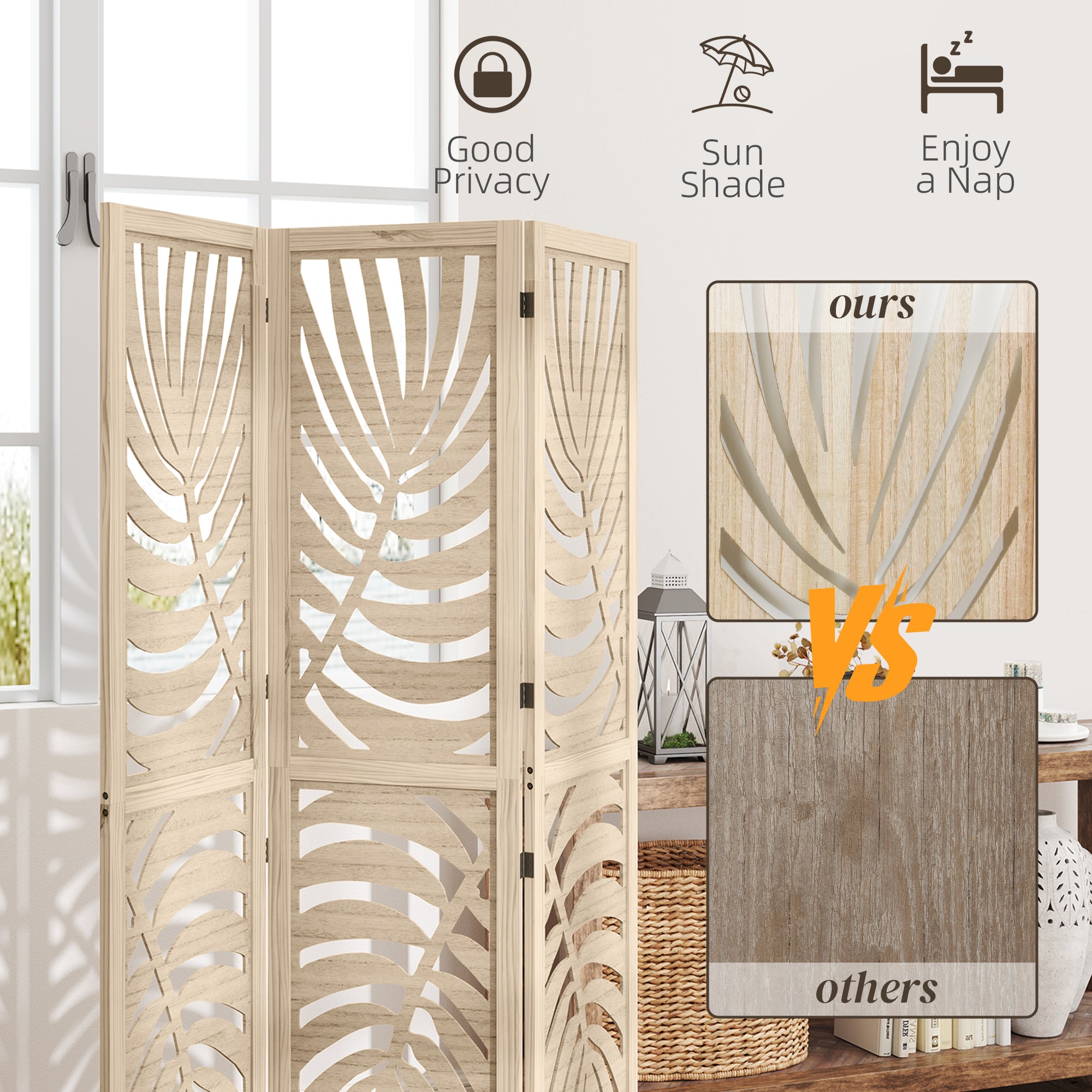 HOMCOM 3 Panel Room Divider, Detachable Portable Folding Privacy Screens, Freestanding Partition Wall Dividers with Palm Leaf Design for Home Office, Bedroom, Natural Wood Finish