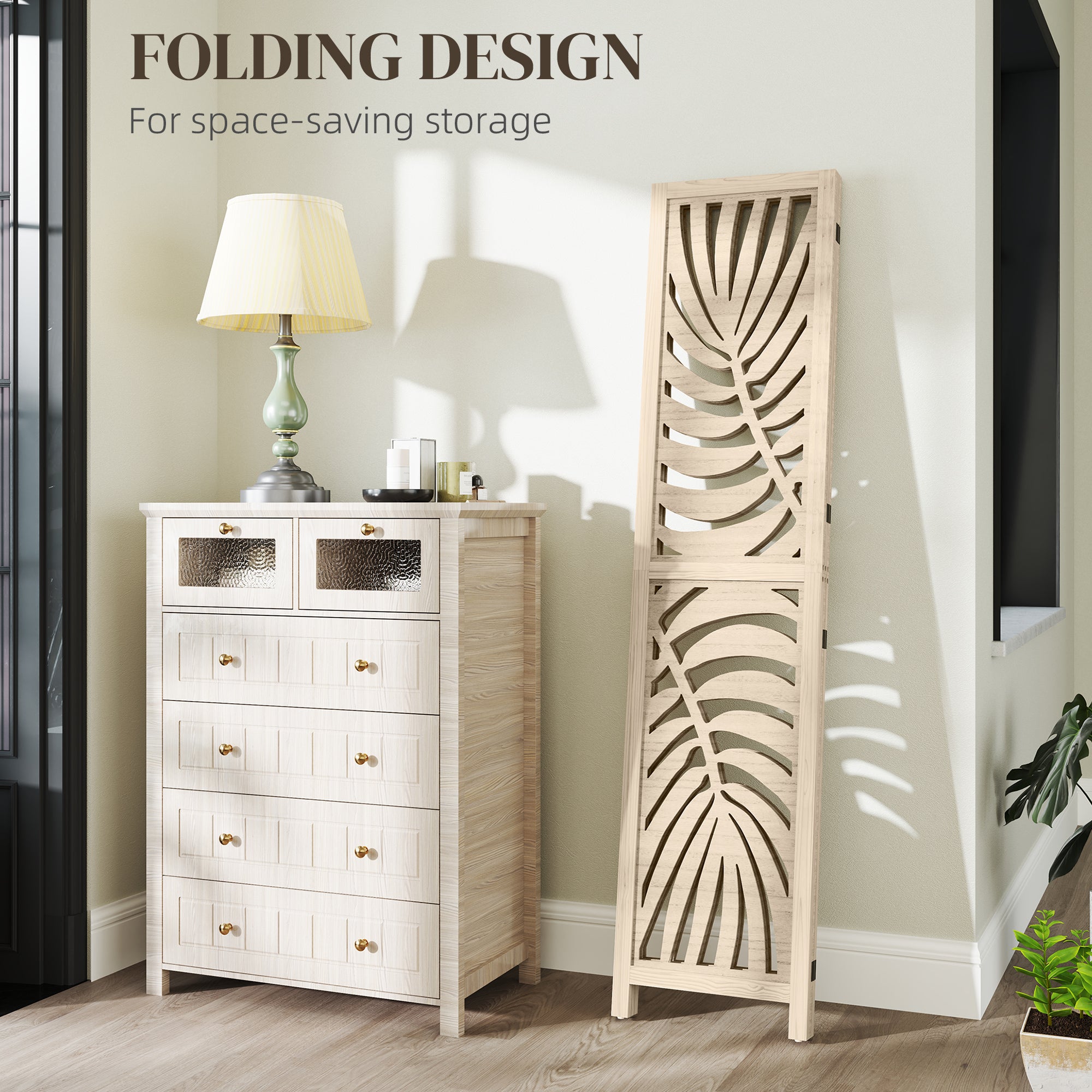 HOMCOM 3 Panel Room Divider, Detachable Portable Folding Privacy Screens, Freestanding Partition Wall Dividers with Palm Leaf Design for Home Office, Bedroom, Natural Wood Finish
