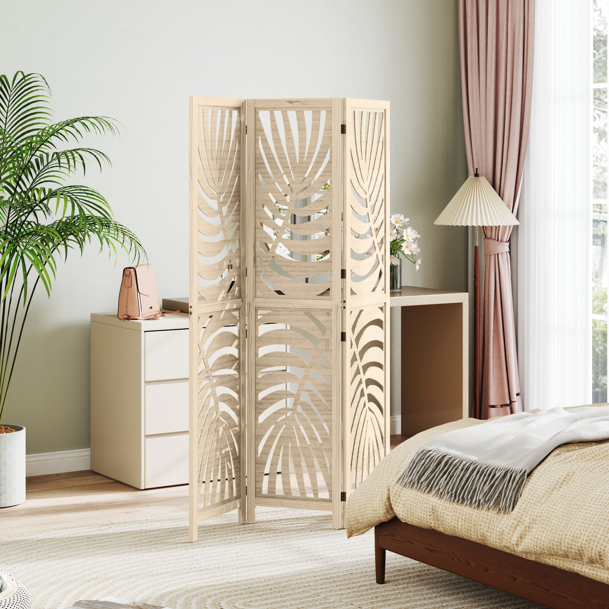 HOMCOM 3 Panel Room Divider, Detachable Portable Folding Privacy Screens, Freestanding Partition Wall Dividers with Palm Leaf Design for Home Office, Bedroom, Natural Wood Finish
