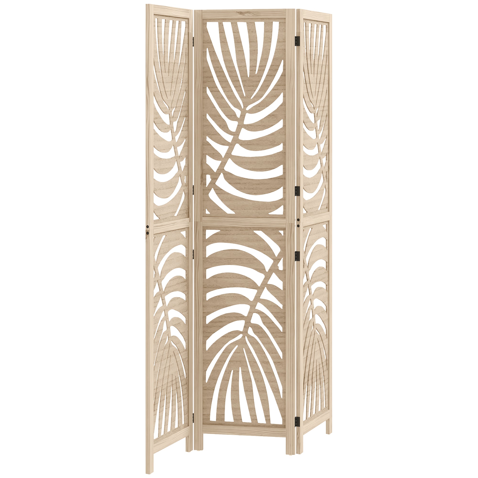 HOMCOM 3 Panel Room Divider, Detachable Portable Folding Privacy Screens, Freestanding Partition Wall Dividers with Palm Leaf Design for Home Office, Bedroom, Natural Wood Finish