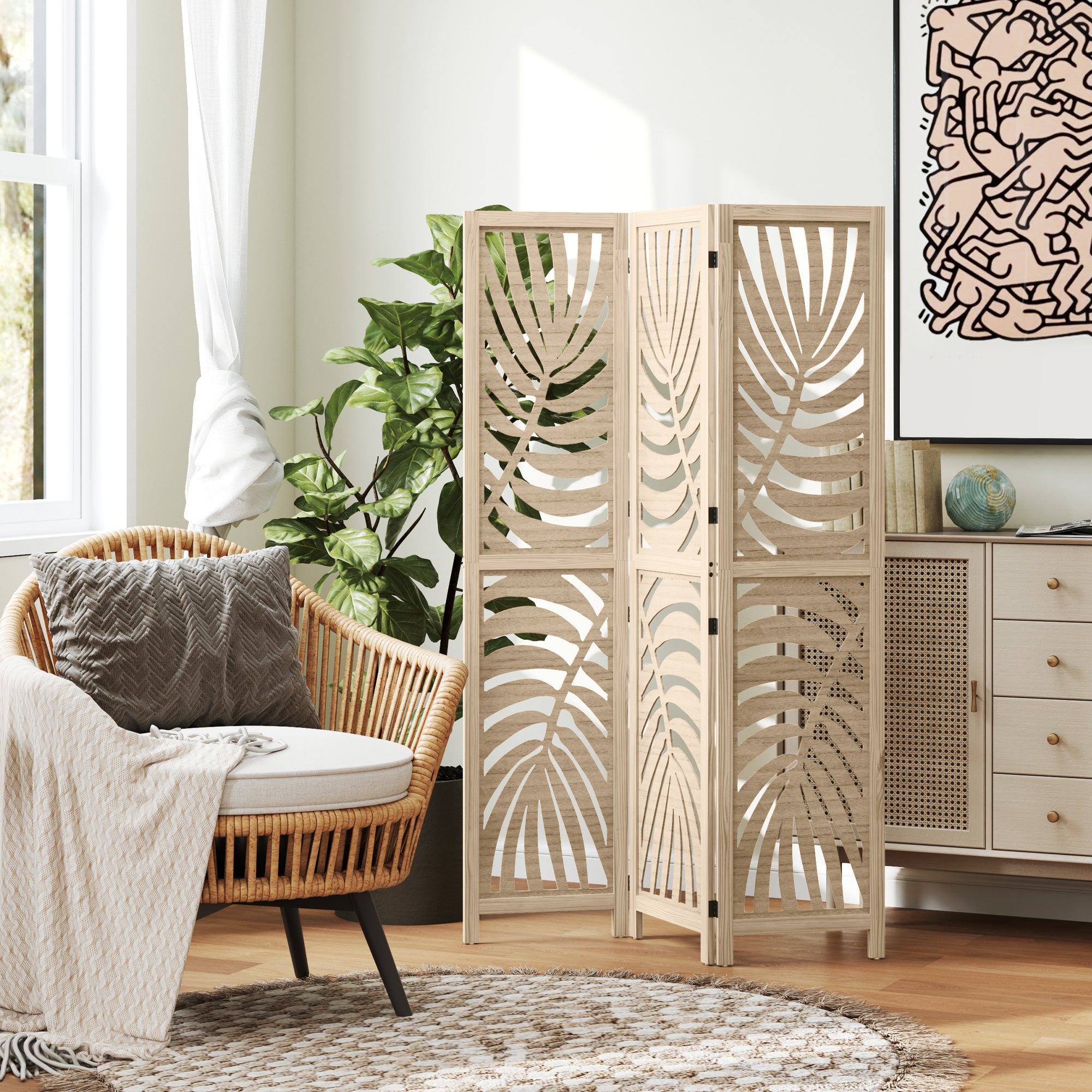 HOMCOM 3 Panel Room Divider, Detachable Portable Folding Privacy Screens, Freestanding Partition Wall Dividers with Palm Leaf Design for Home Office, Bedroom, Natural Wood Finish
