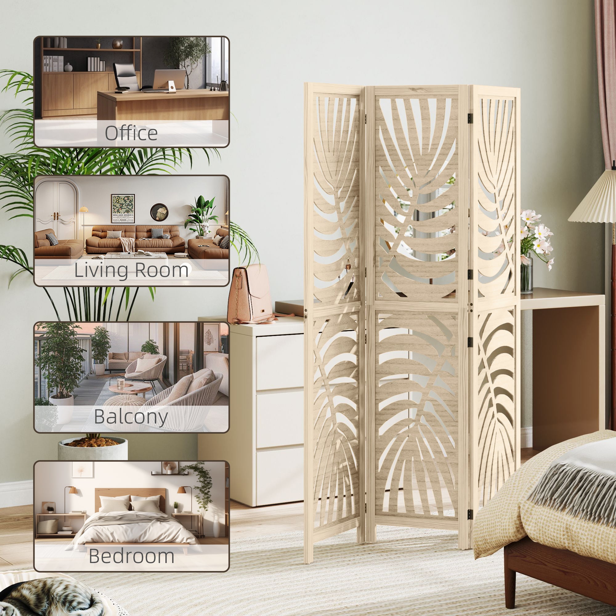 HOMCOM 3 Panel Room Divider, Detachable Portable Folding Privacy Screens, Freestanding Partition Wall Dividers with Palm Leaf Design for Home Office, Bedroom, Natural Wood Finish