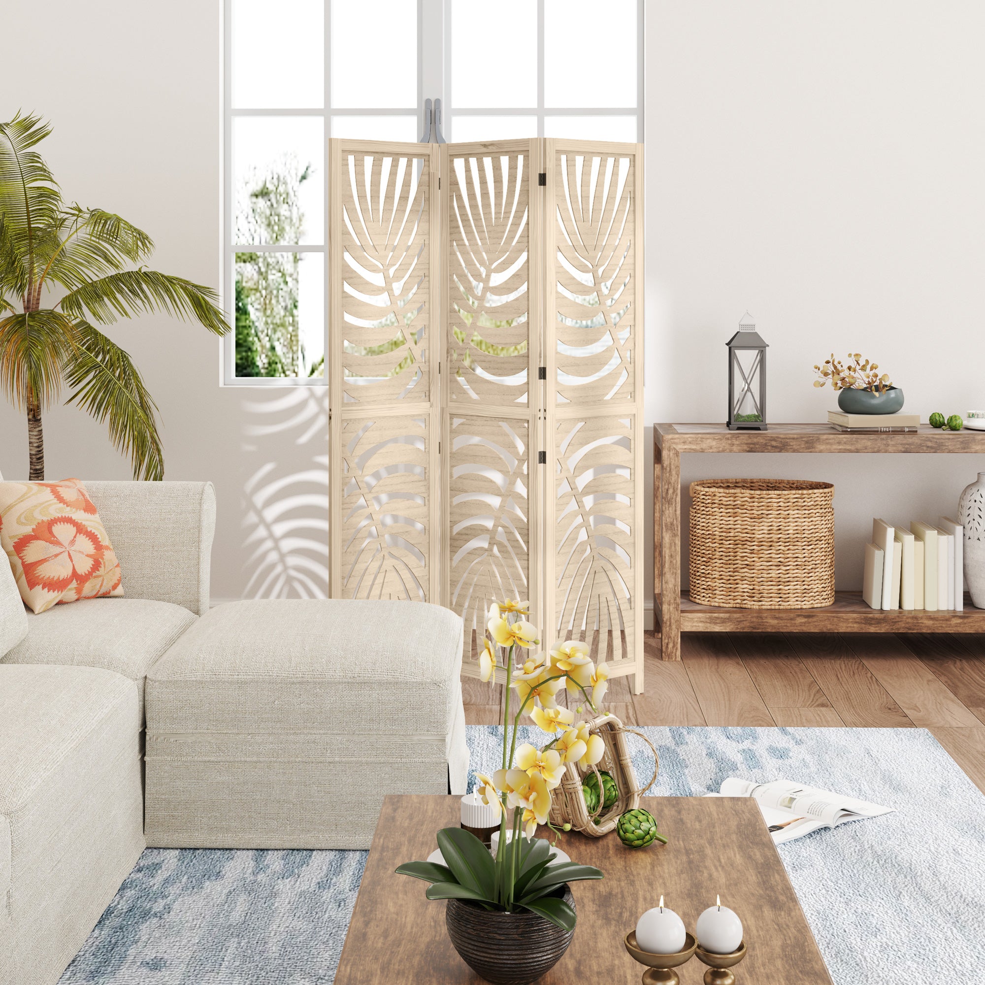 HOMCOM 3 Panel Room Divider, Detachable Portable Folding Privacy Screens, Freestanding Partition Wall Dividers with Palm Leaf Design for Home Office, Bedroom, Natural Wood Finish