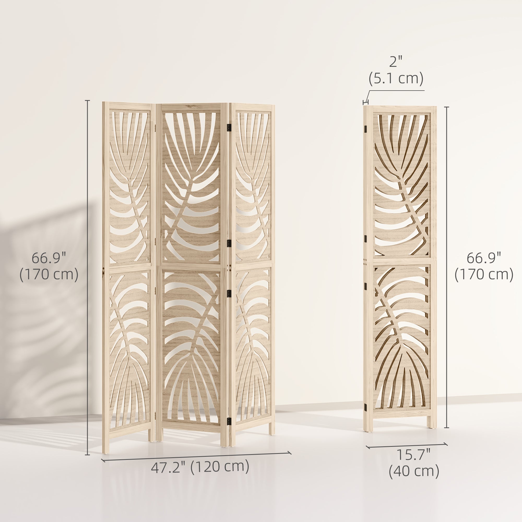 HOMCOM 3 Panel Room Divider, Detachable Portable Folding Privacy Screens, Freestanding Partition Wall Dividers with Palm Leaf Design for Home Office, Bedroom, Natural Wood Finish