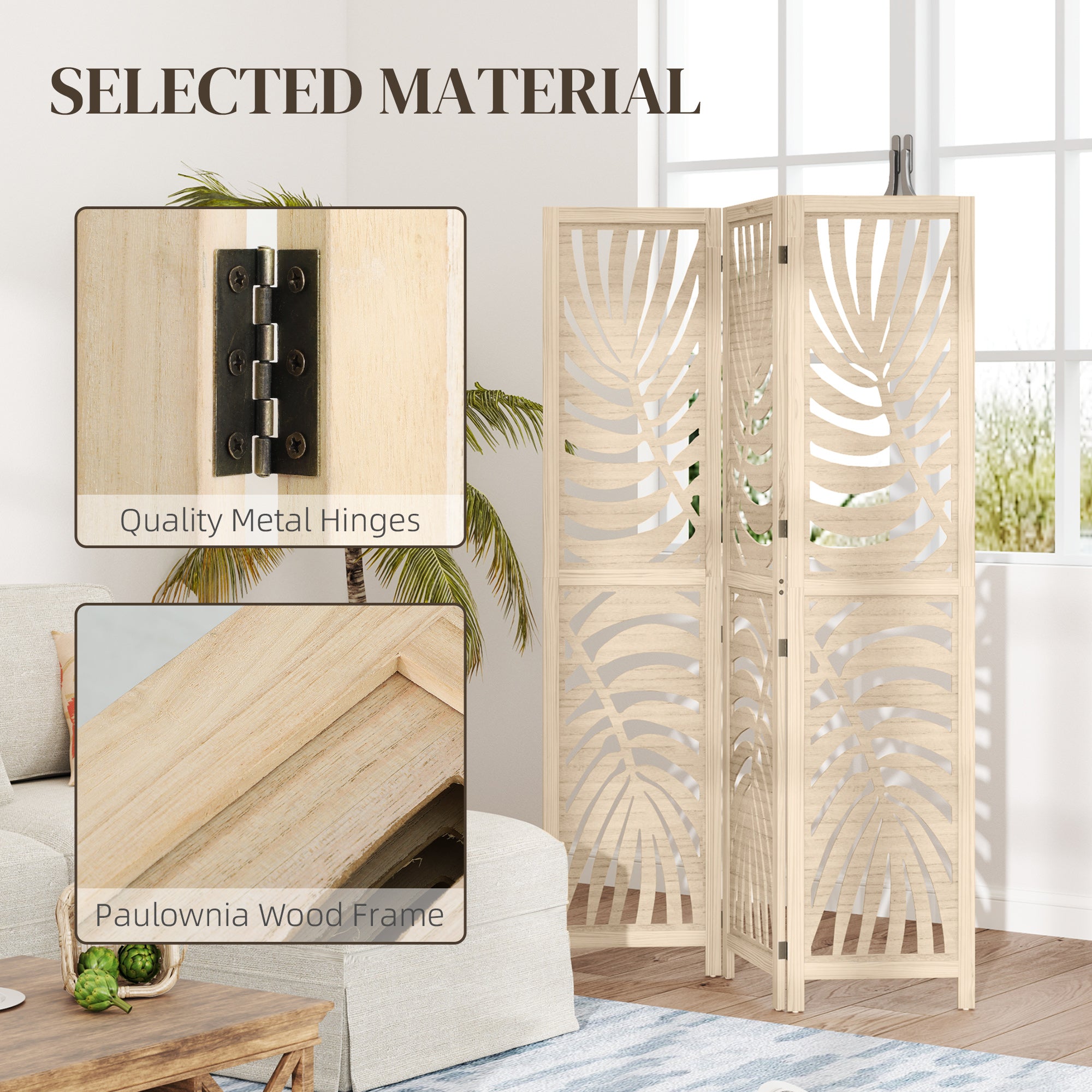 HOMCOM 3 Panel Room Divider, Detachable Portable Folding Privacy Screens, Freestanding Partition Wall Dividers with Palm Leaf Design for Home Office, Bedroom, Natural Wood Finish