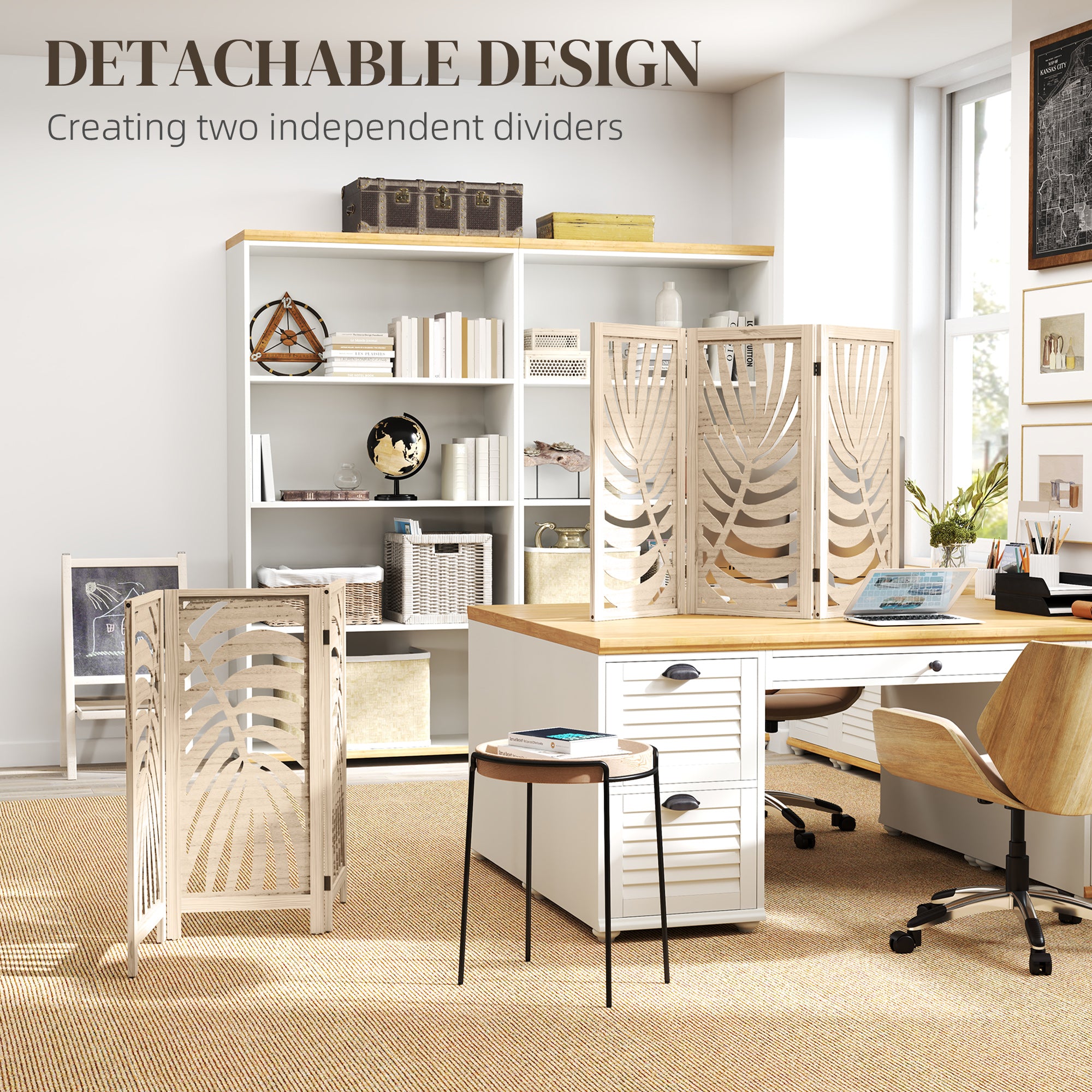 HOMCOM 3 Panel Room Divider, Detachable Portable Folding Privacy Screens, Freestanding Partition Wall Dividers with Palm Leaf Design for Home Office, Bedroom, Natural Wood Finish