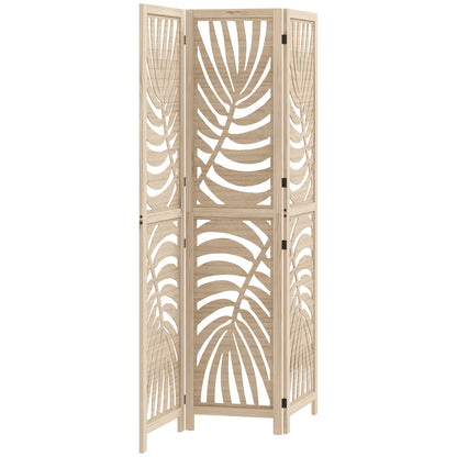HOMCOM 3 Panel Room Divider, Detachable Portable Folding Privacy Screens, Freestanding Partition Wall Dividers with Palm Leaf Design for Home Office, Bedroom, Natural Wood Finish