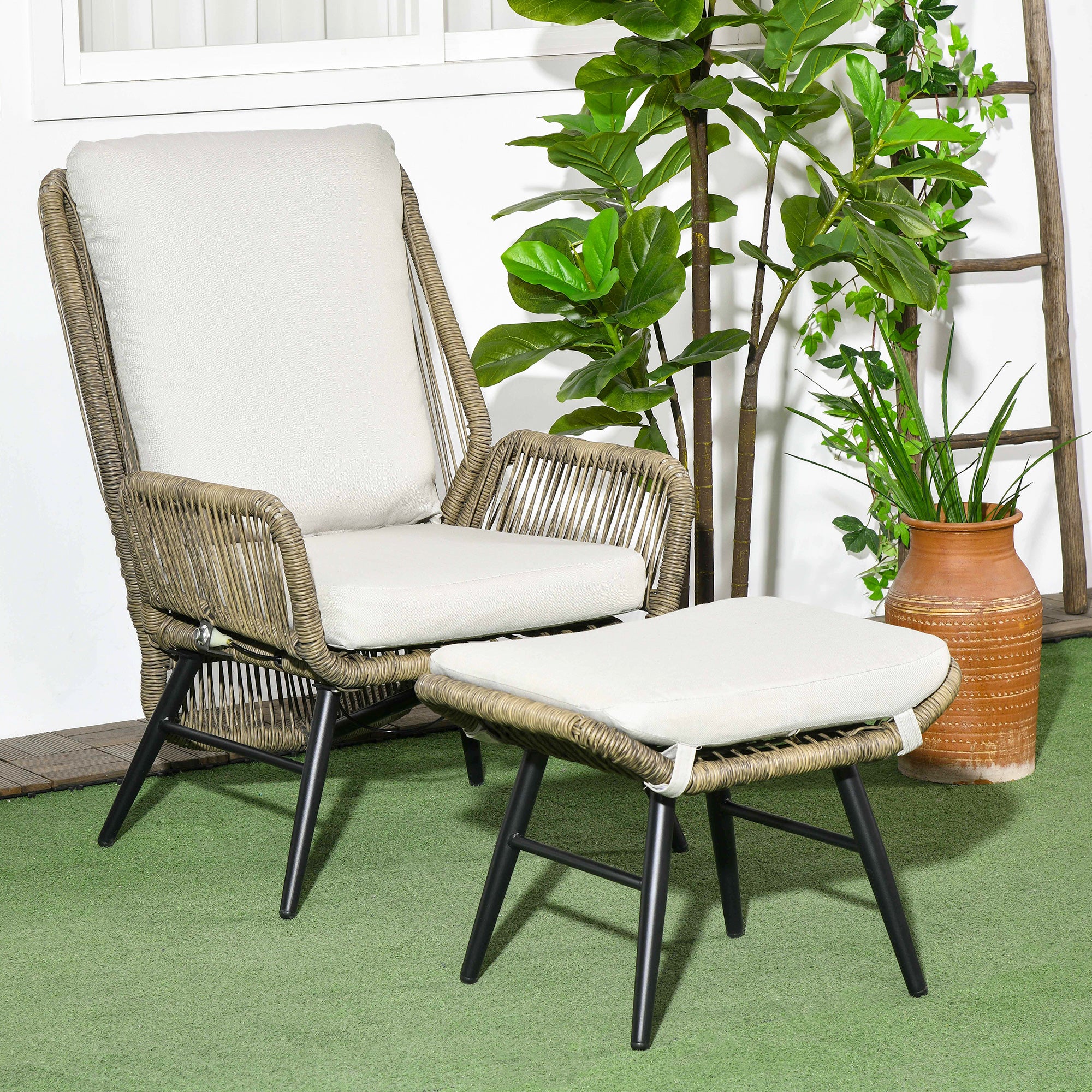Outsunny 2 Pieces PE Rattan Patio Leisure Chair Set with Adjustable Backrest, Outdoor Reclining Patio Chair and Footrest with Cushion, Khaki