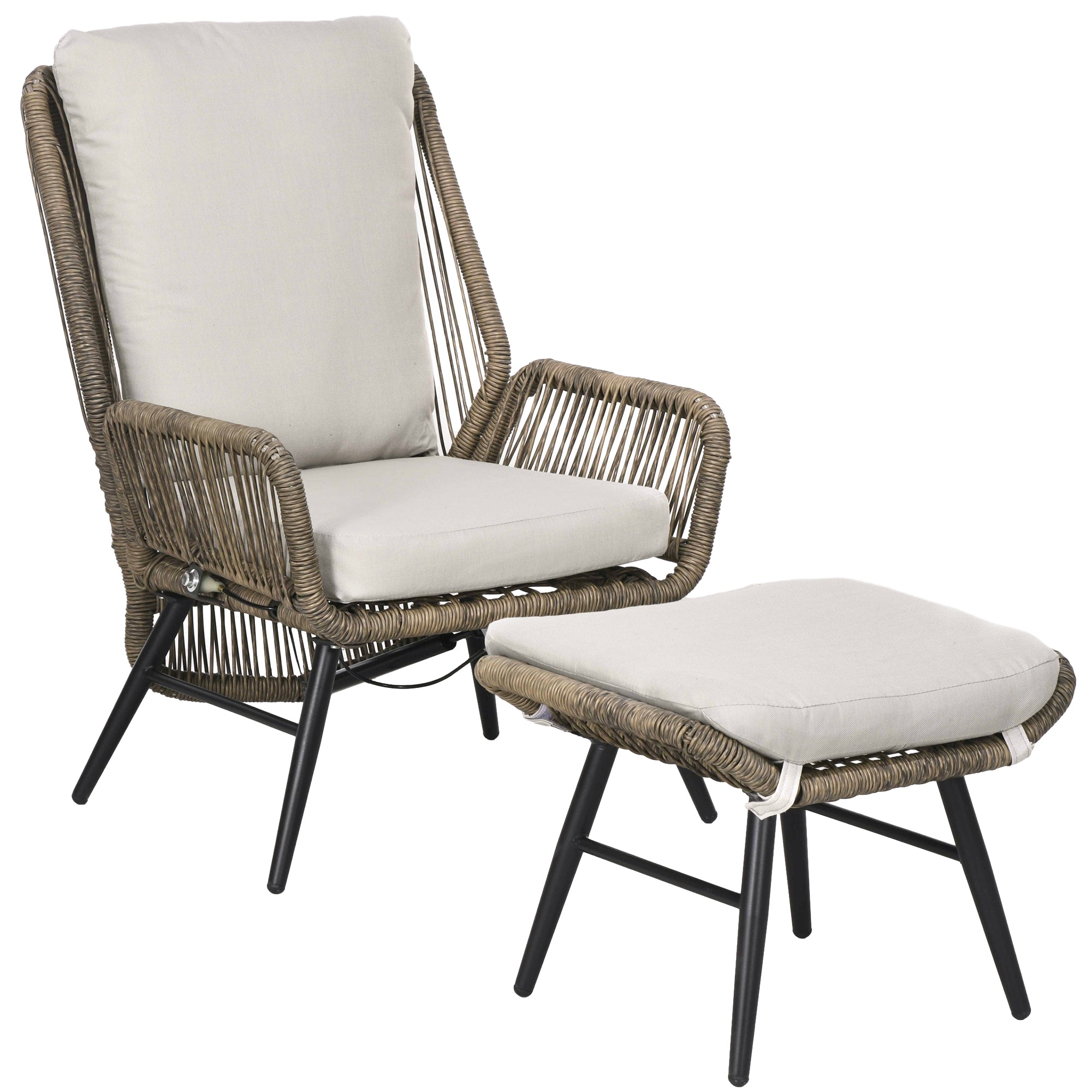 Outsunny 2 Pieces PE Rattan Patio Leisure Chair Set with Adjustable Backrest, Outdoor Reclining Patio Chair and Footrest with Cushion, Khaki
