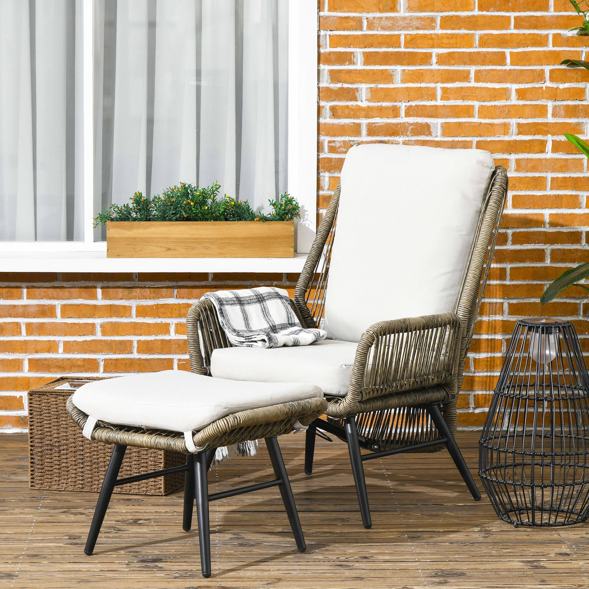 Outsunny 2 Pieces PE Rattan Patio Leisure Chair Set with Adjustable Backrest, Outdoor Reclining Patio Chair and Footrest with Cushion, Khaki