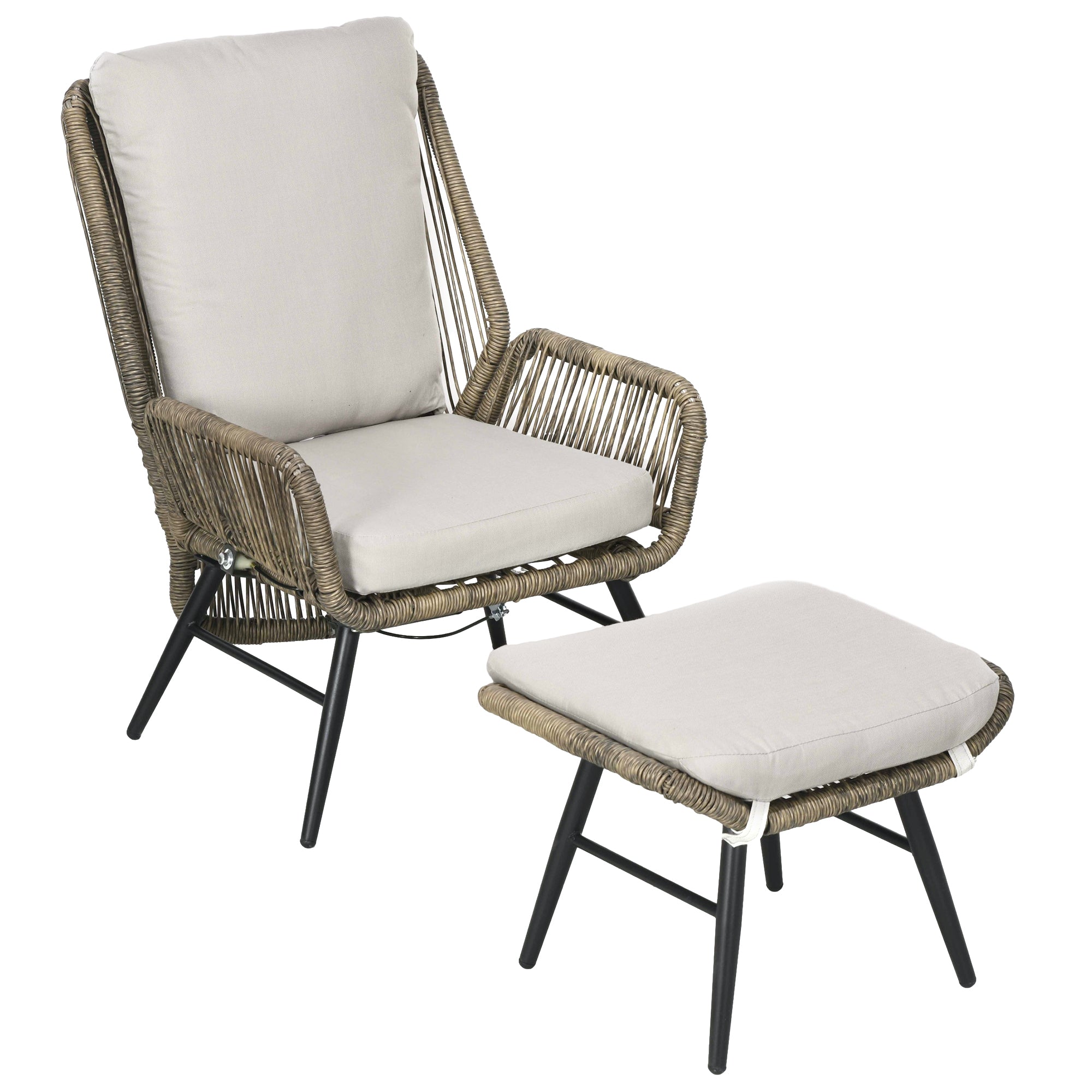 Outsunny 2 Pieces PE Rattan Patio Leisure Chair Set with Adjustable Backrest, Outdoor Reclining Patio Chair and Footrest with Cushion, Khaki