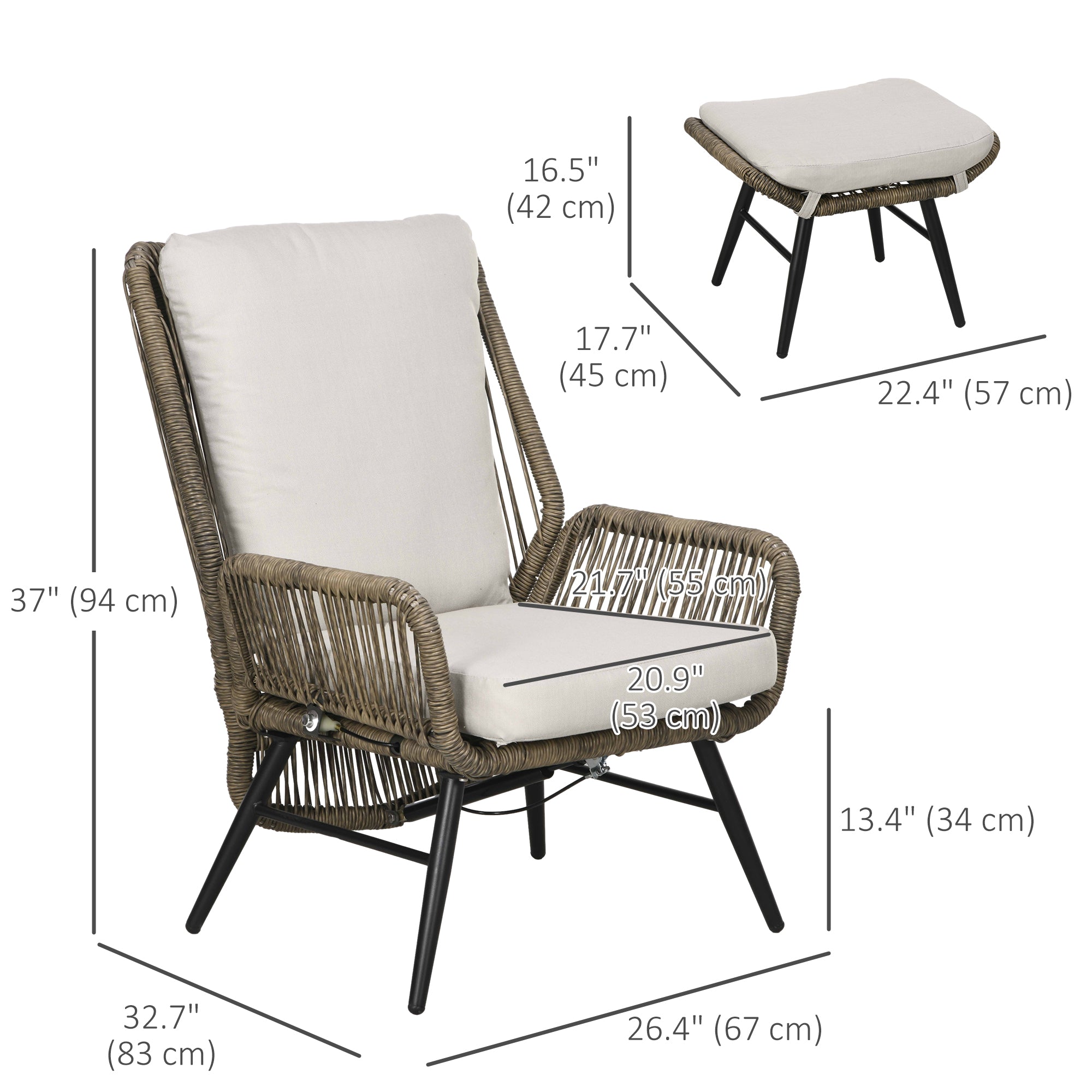 Outsunny 2 Pieces PE Rattan Patio Leisure Chair Set with Adjustable Backrest, Outdoor Reclining Patio Chair and Footrest with Cushion, Khaki
