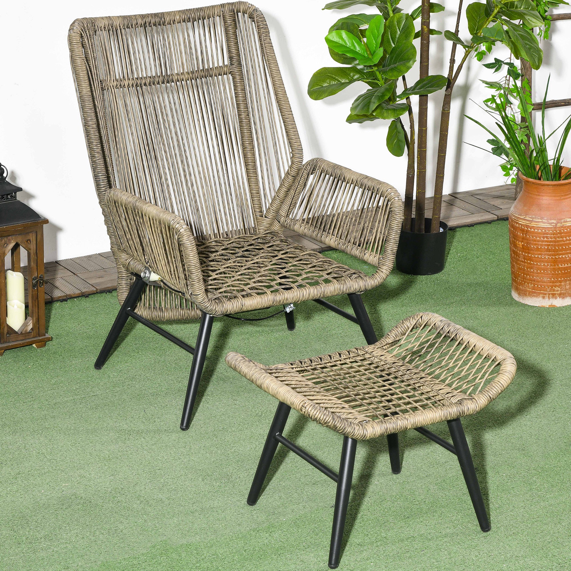 Outsunny 2 Pieces PE Rattan Patio Leisure Chair Set with Adjustable Backrest, Outdoor Reclining Patio Chair and Footrest with Cushion, Khaki