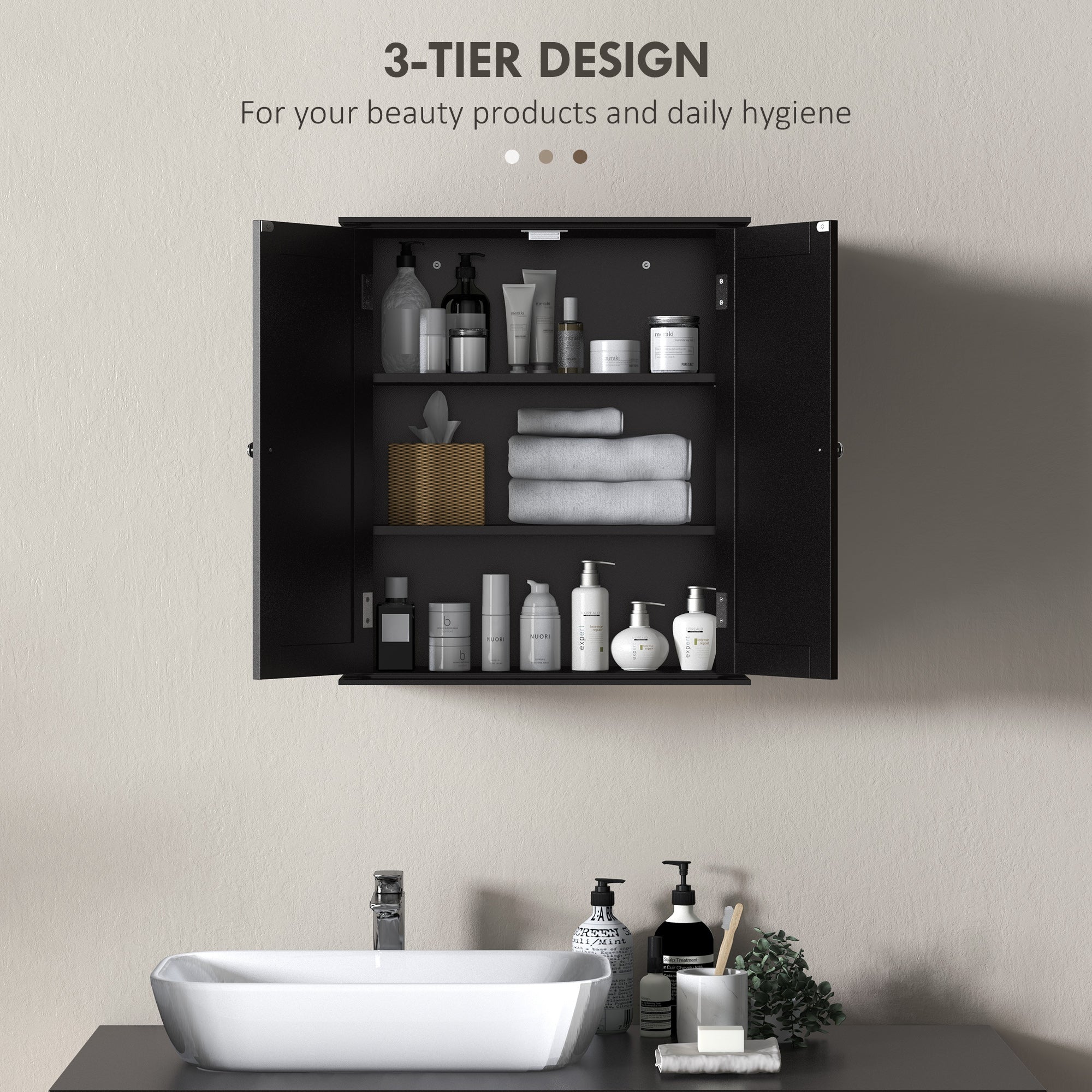 HOMCOM Medicine Cabinet, 3-Tier Bathroom Wall Cabinet with Adjustable Shelf and 2 Doors, Space Saver Bathroom Storage Cabinet Over Toilet, Black