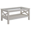 HOMCOM Farmhouse Coffee Table with Tempered Glass Table Top, 2-tier Center Table with Bottom Storage Shelf for Living Room, Bedroom