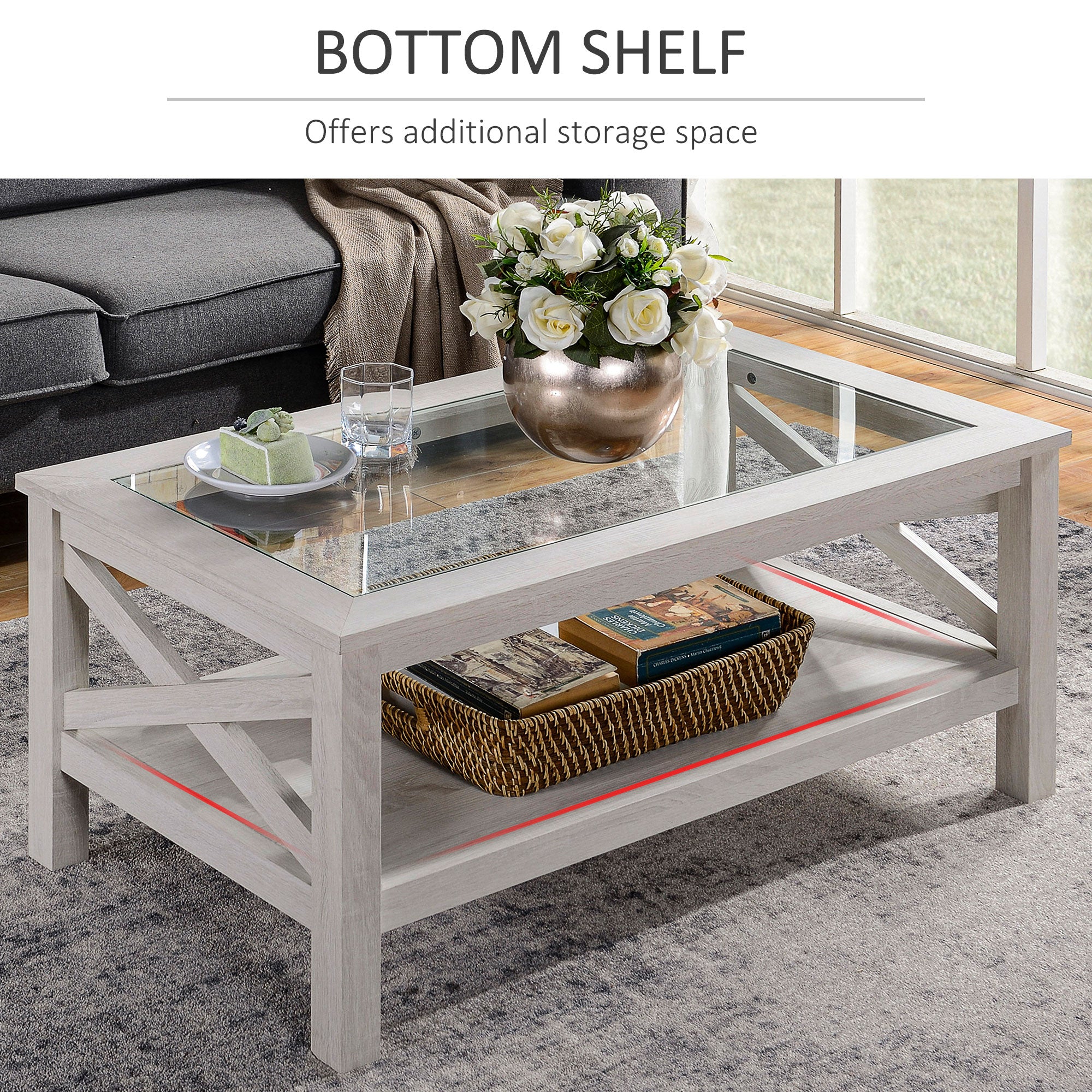 HOMCOM Farmhouse Coffee Table with Tempered Glass Table Top, 2-tier Center Table with Bottom Storage Shelf for Living Room, Bedroom