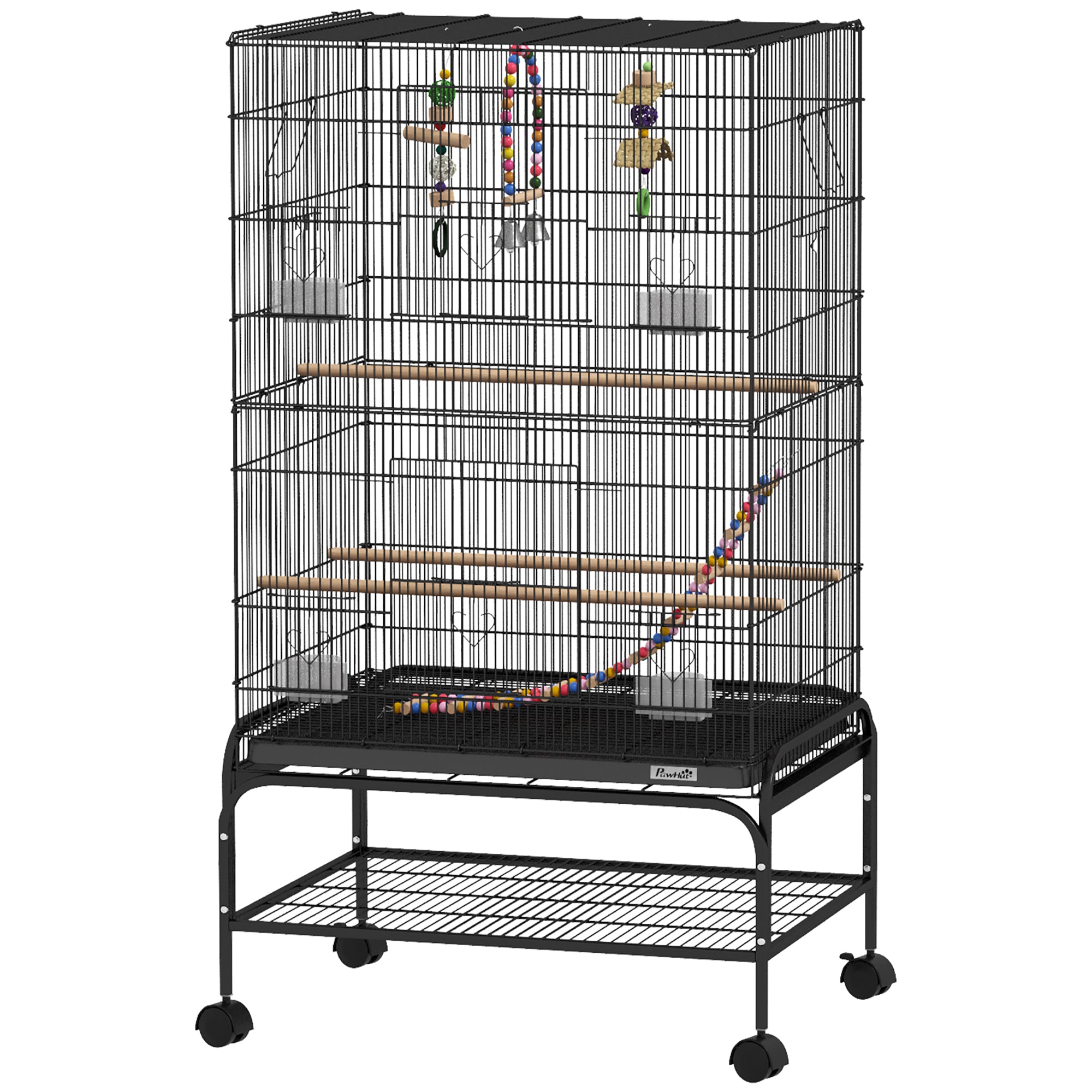 PawHut 43" Bird Cage for Budgies Cockatiels Canaries Lovebirds Finches with Rolling Stand, Toys, Removable Tray, Storage Shelf, Black